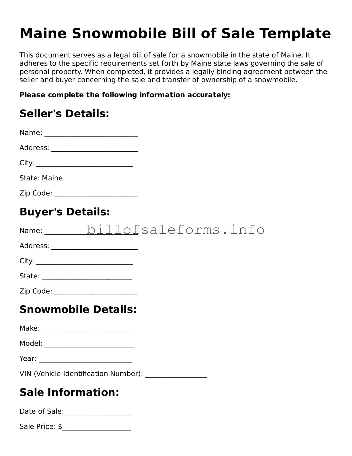 Legal Snowmobile Bill of Sale Form for Maine State