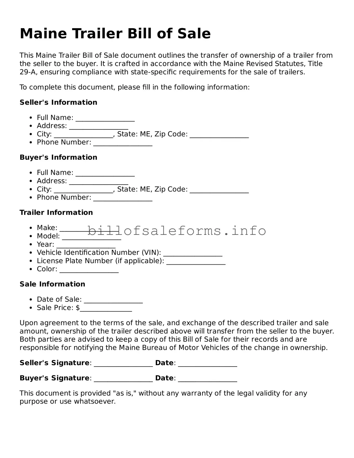 Legal Trailer Bill of Sale Form for Maine State