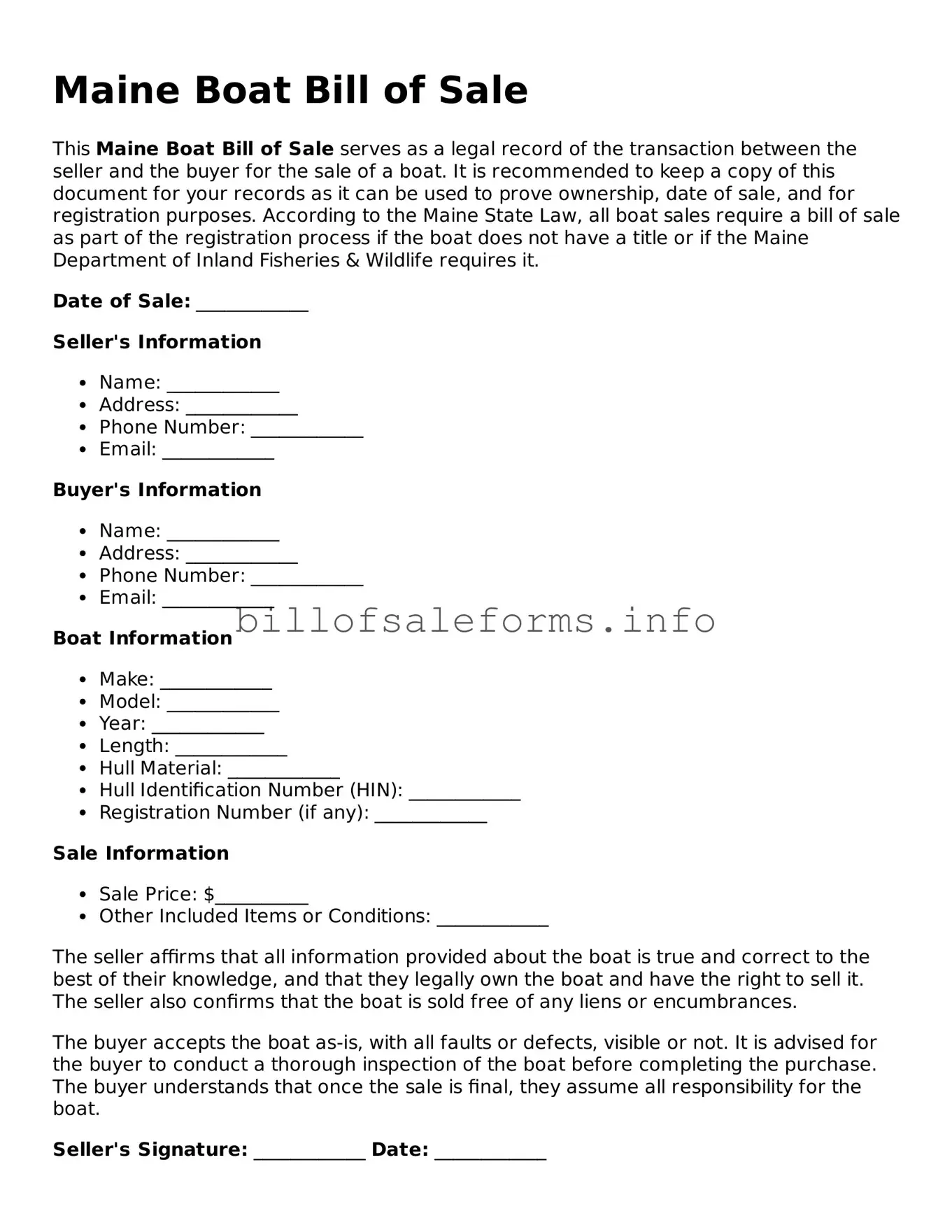 Legal Boat Bill of Sale Form for Maine State