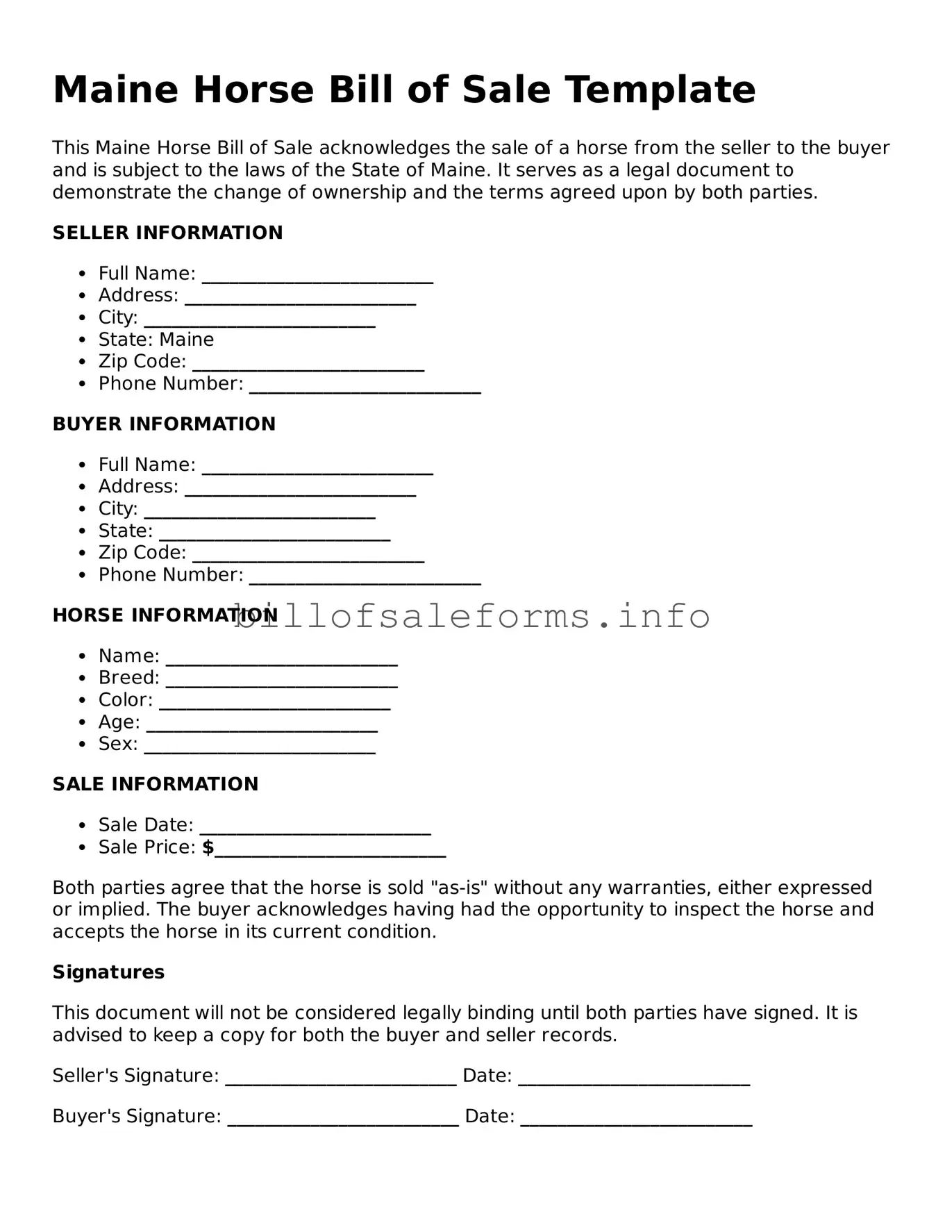 Legal Horse Bill of Sale Form for Maine State