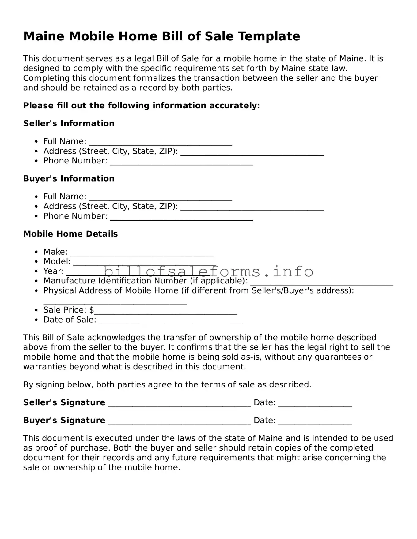 Legal Mobile Home Bill of Sale Form for Maine State