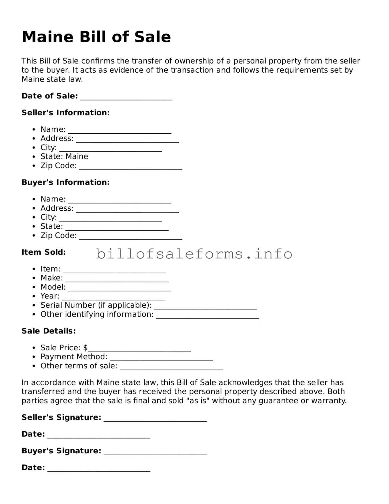 Legal Bill of Sale Form for Maine State