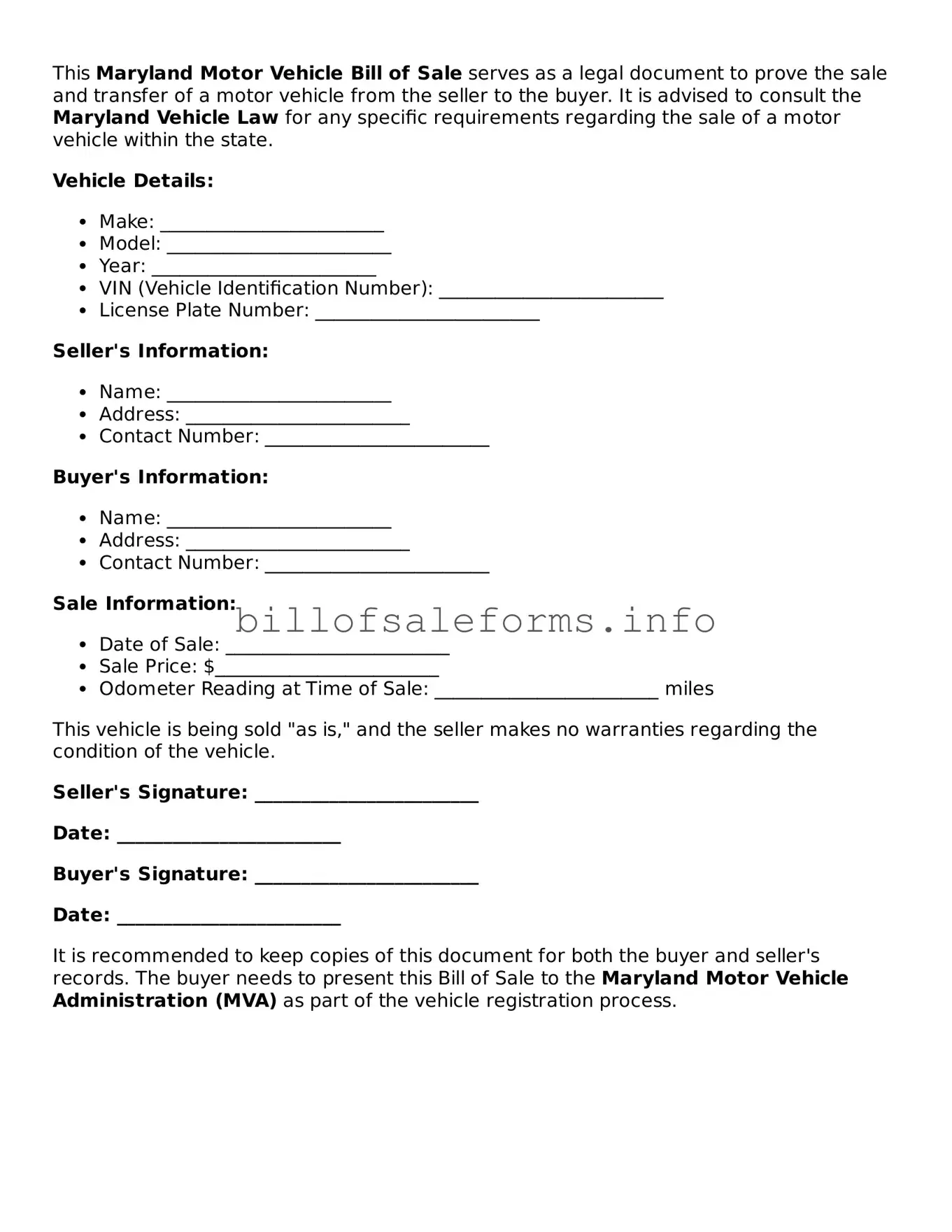 Legal Motor Vehicle Bill of Sale Form for Maryland State
