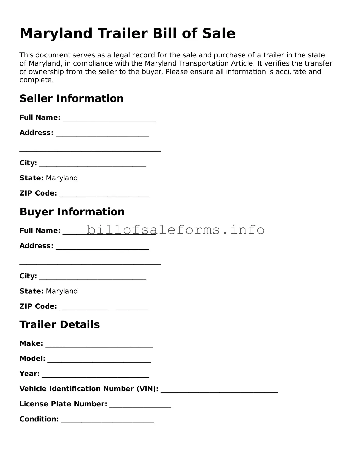 Legal Trailer Bill of Sale Form for Maryland State