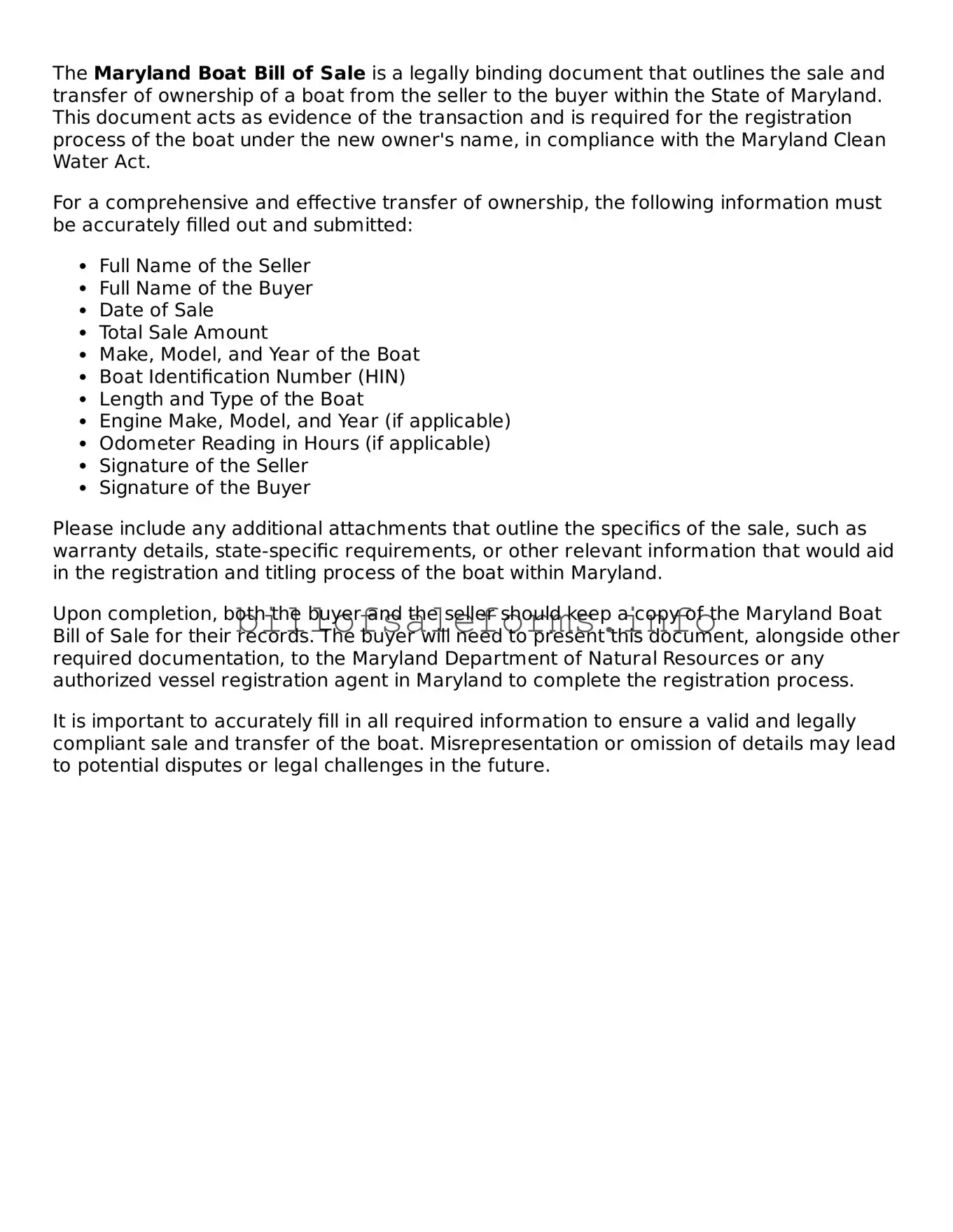 Legal Boat Bill of Sale Form for Maryland State