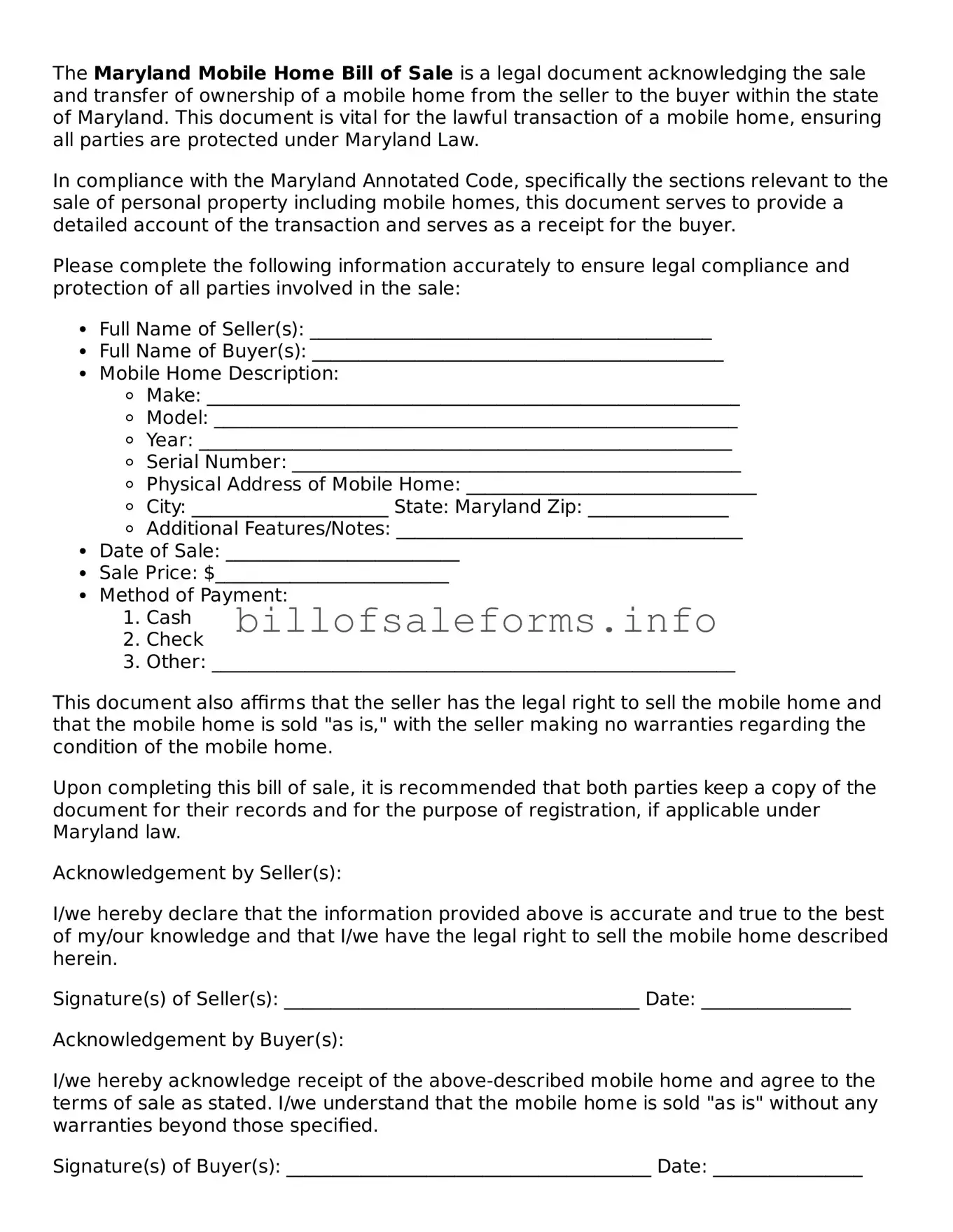 Legal Mobile Home Bill of Sale Form for Maryland State