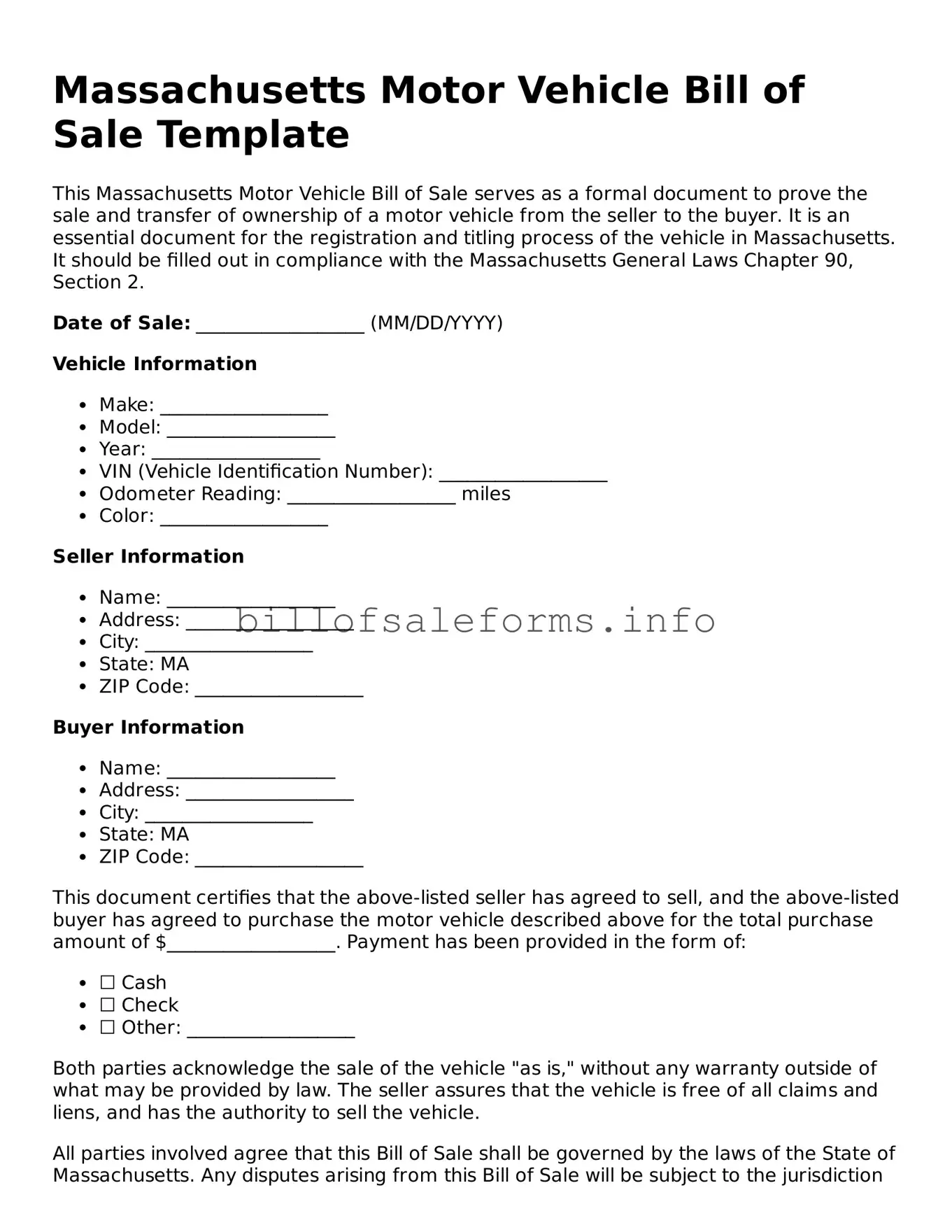Legal Motor Vehicle Bill of Sale Form for Massachusetts State
