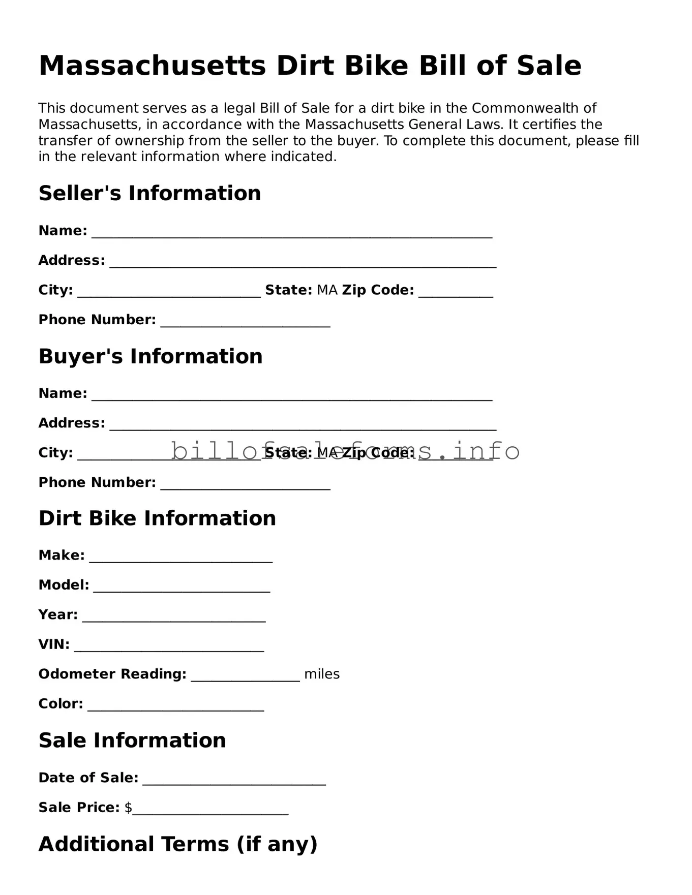 Legal Dirt Bike Bill of Sale Form for Massachusetts State