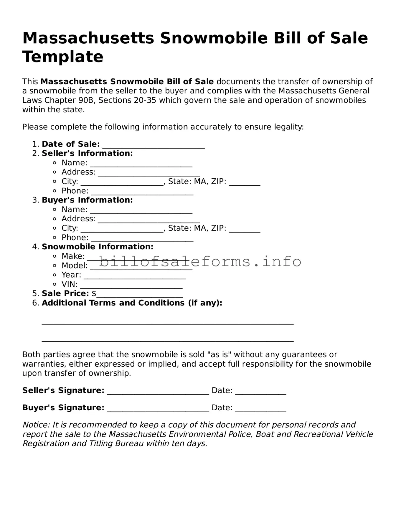 Legal Snowmobile Bill of Sale Form for Massachusetts State
