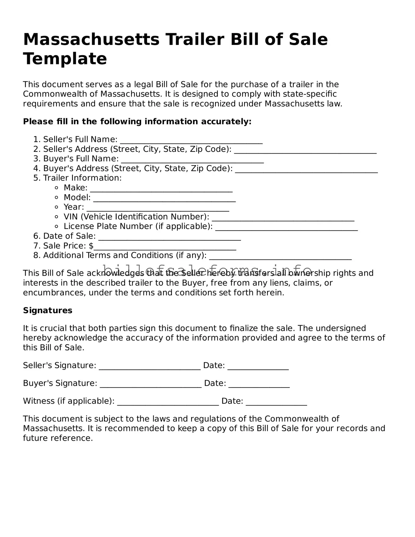 Legal Trailer Bill of Sale Form for Massachusetts State
