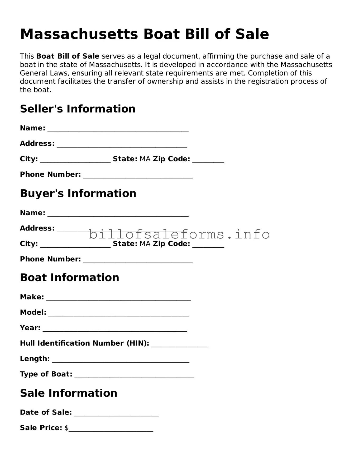 Legal Boat Bill of Sale Form for Massachusetts State
