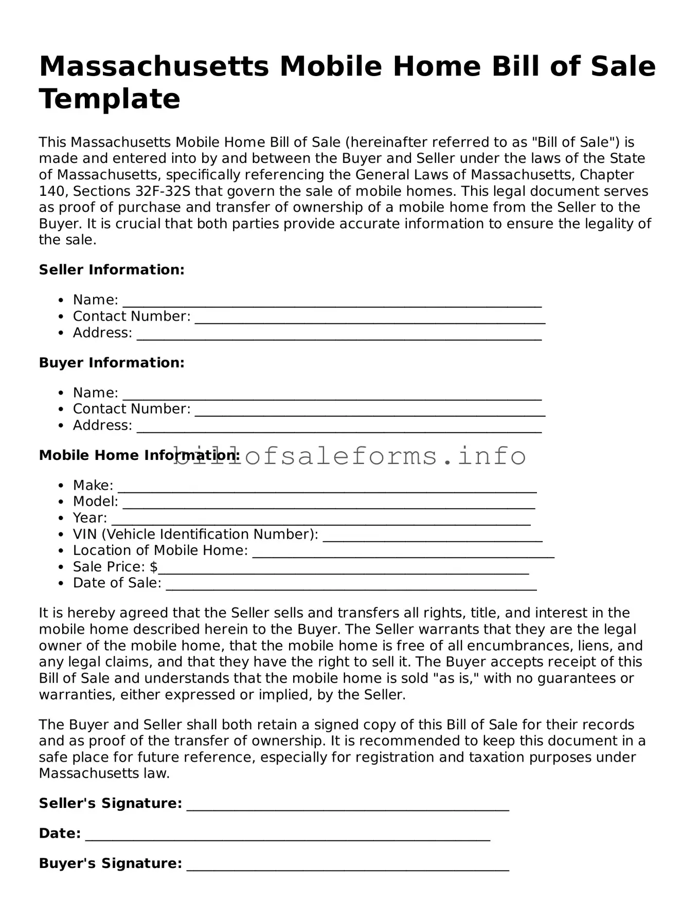 Legal Mobile Home Bill of Sale Form for Massachusetts State
