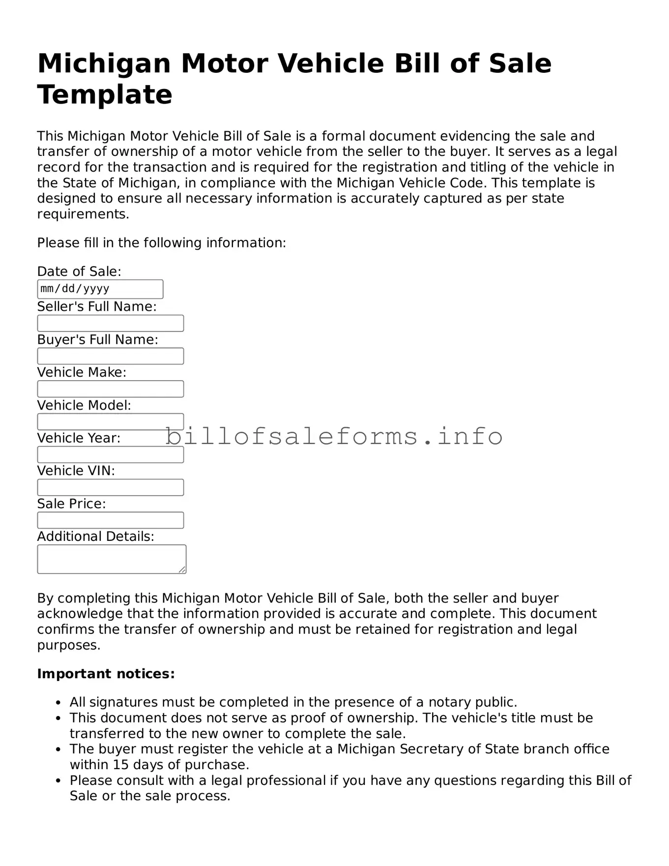 Legal Motor Vehicle Bill of Sale Form for Michigan State