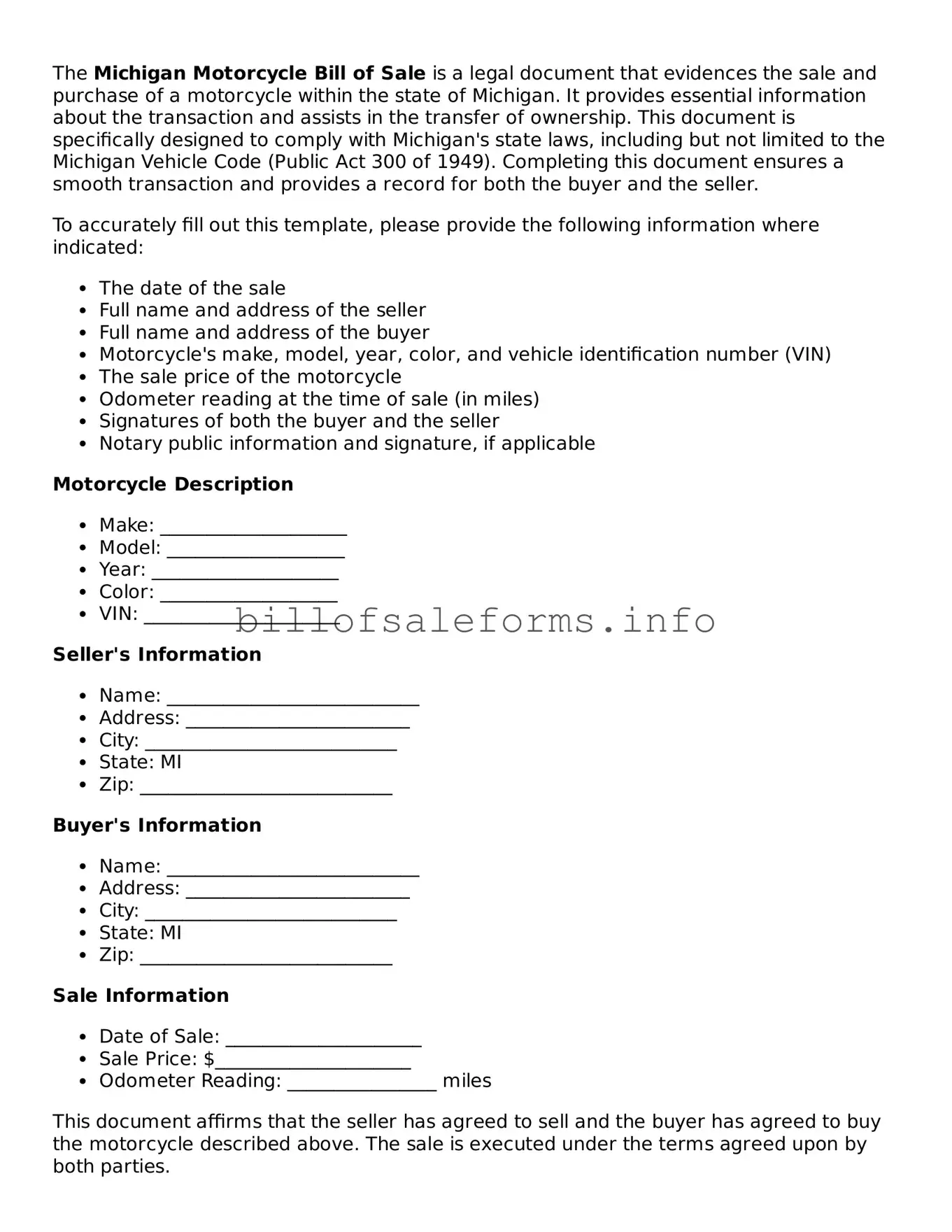 Legal Motorcycle Bill of Sale Form for Michigan State