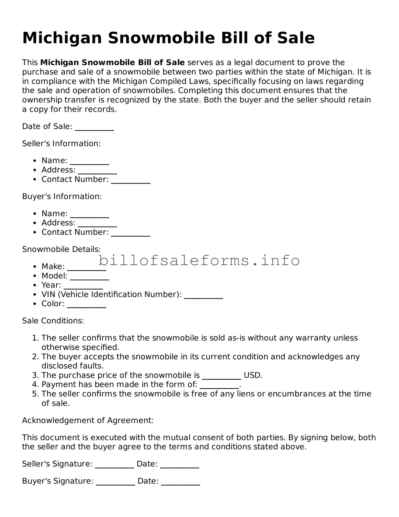 Legal Snowmobile Bill of Sale Form for Michigan State