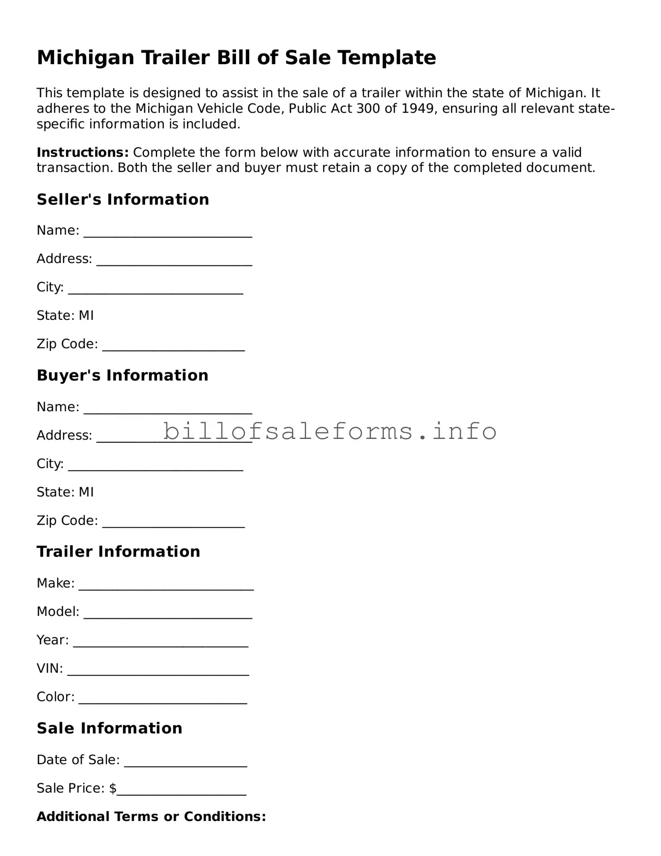 Legal Trailer Bill of Sale Form for Michigan State