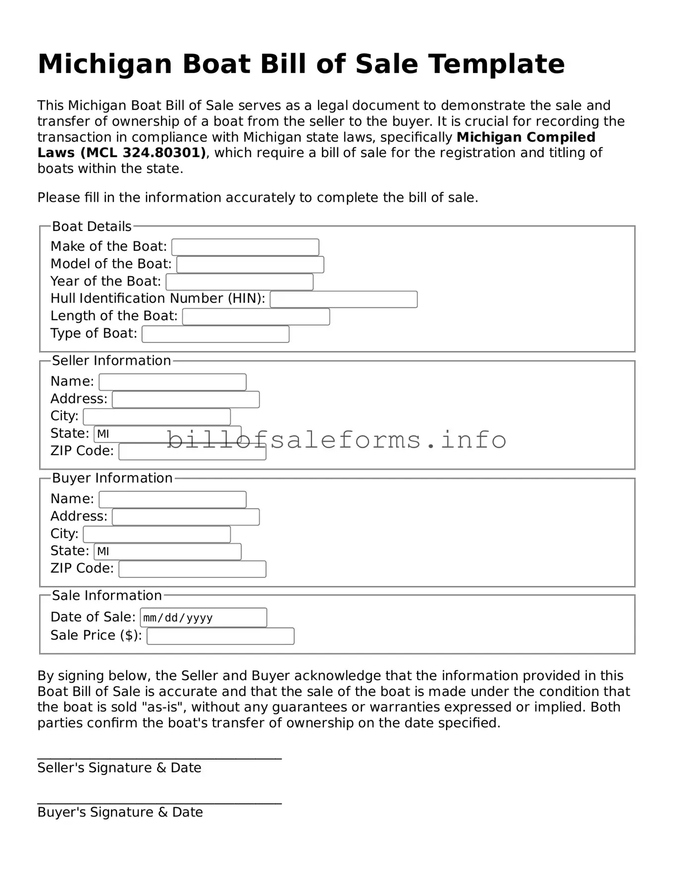 Legal Boat Bill of Sale Form for Michigan State