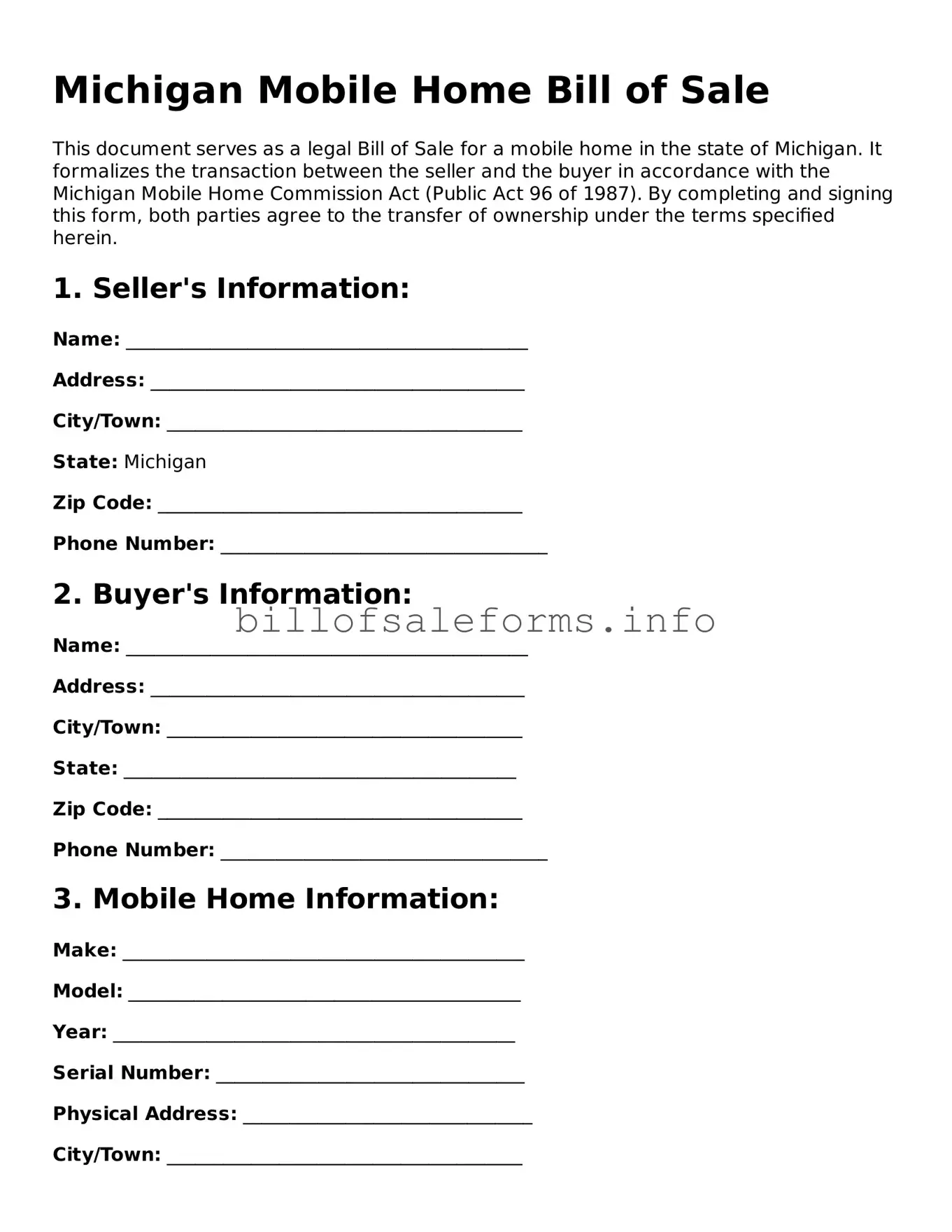 Legal Mobile Home Bill of Sale Form for Michigan State