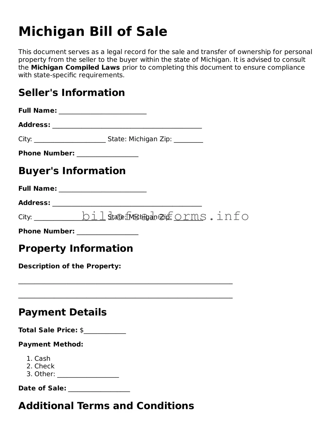 Legal Bill of Sale Form for Michigan State