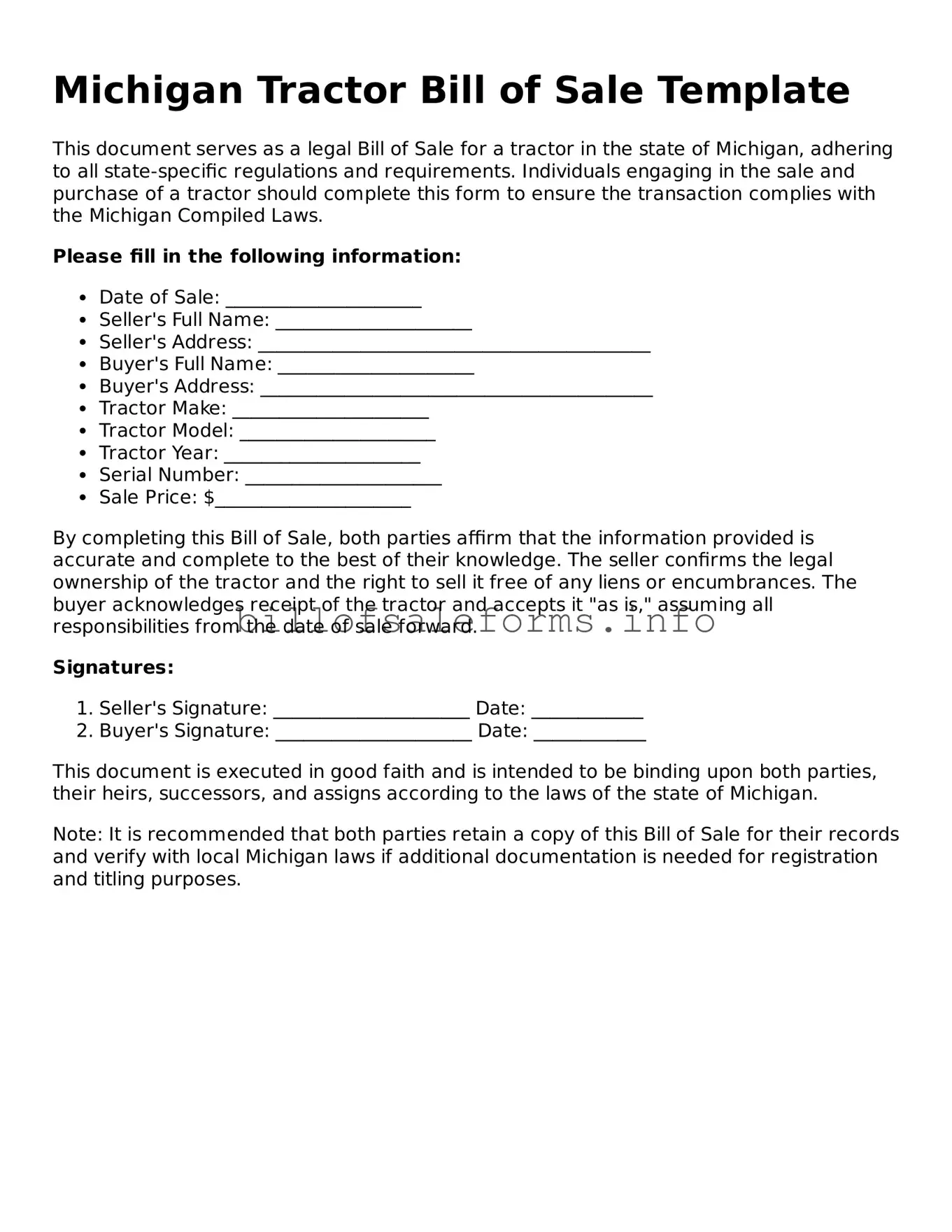 Legal Tractor Bill of Sale Form for Michigan State