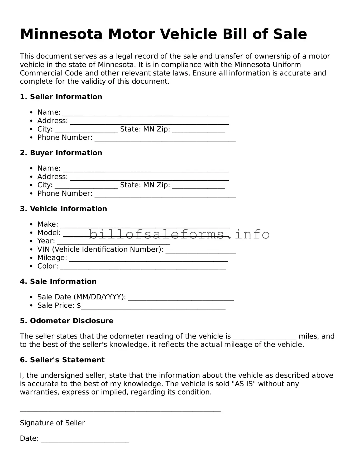Legal Motor Vehicle Bill of Sale Form for Minnesota State