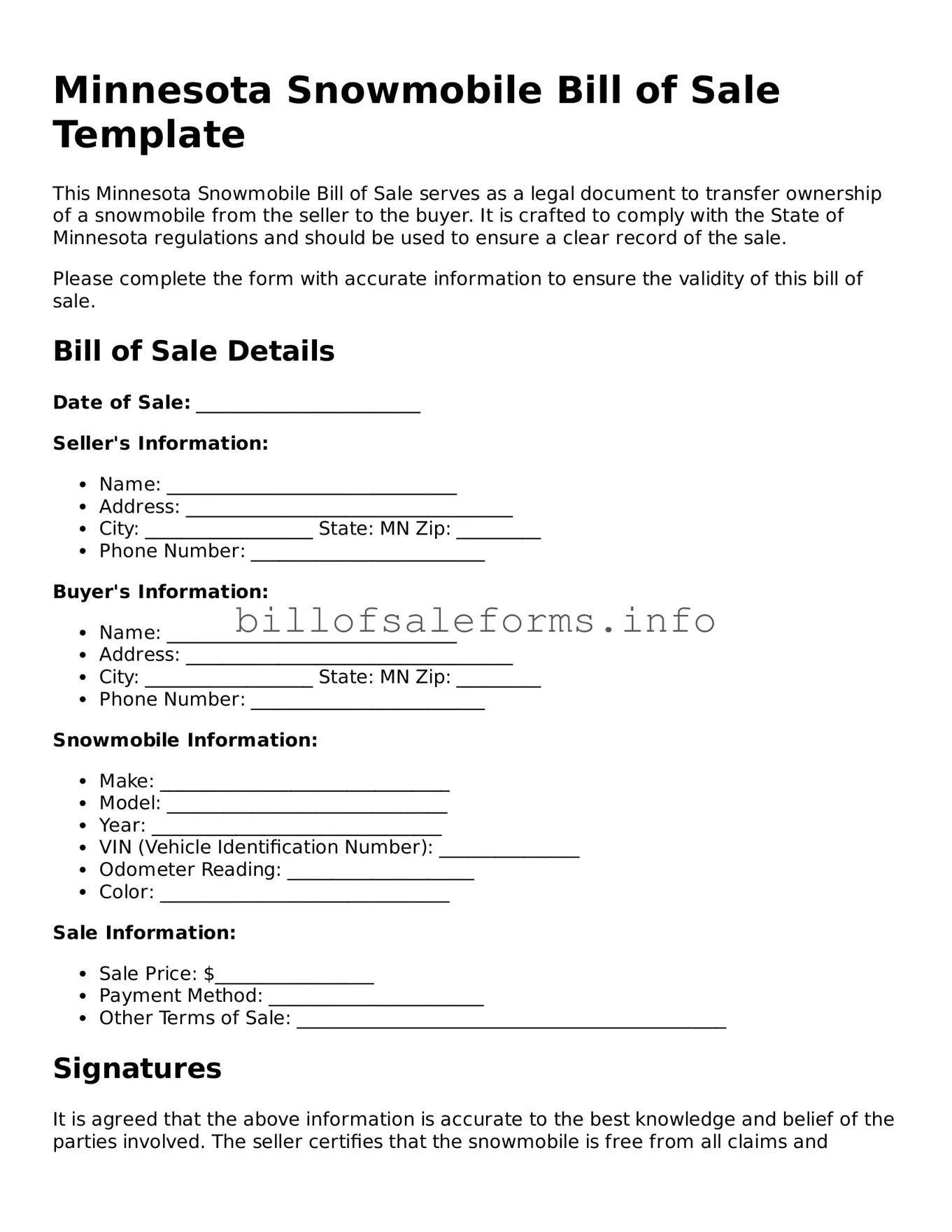 Legal Snowmobile Bill of Sale Form for Minnesota State