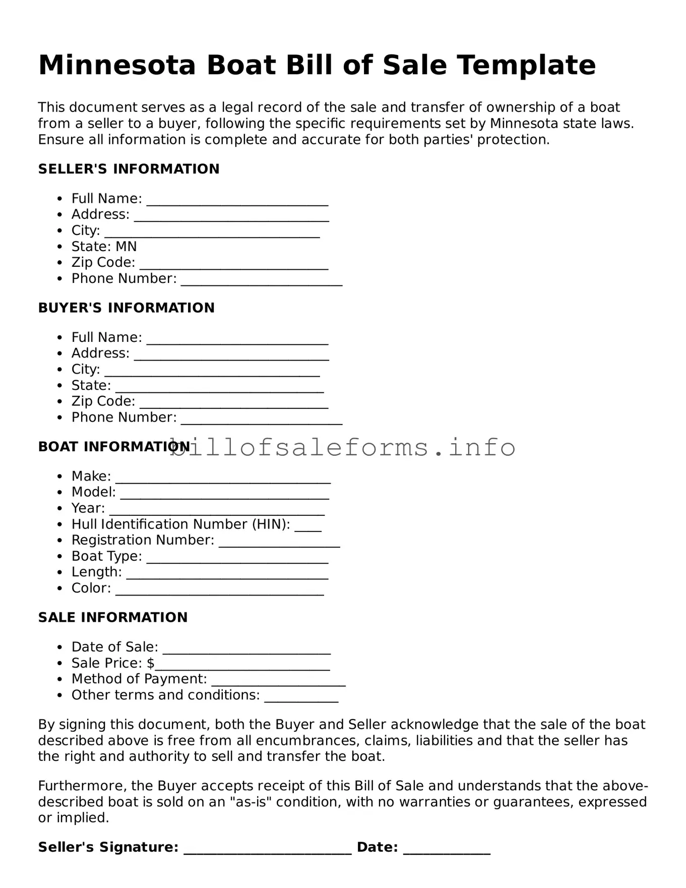 Legal Boat Bill of Sale Form for Minnesota State