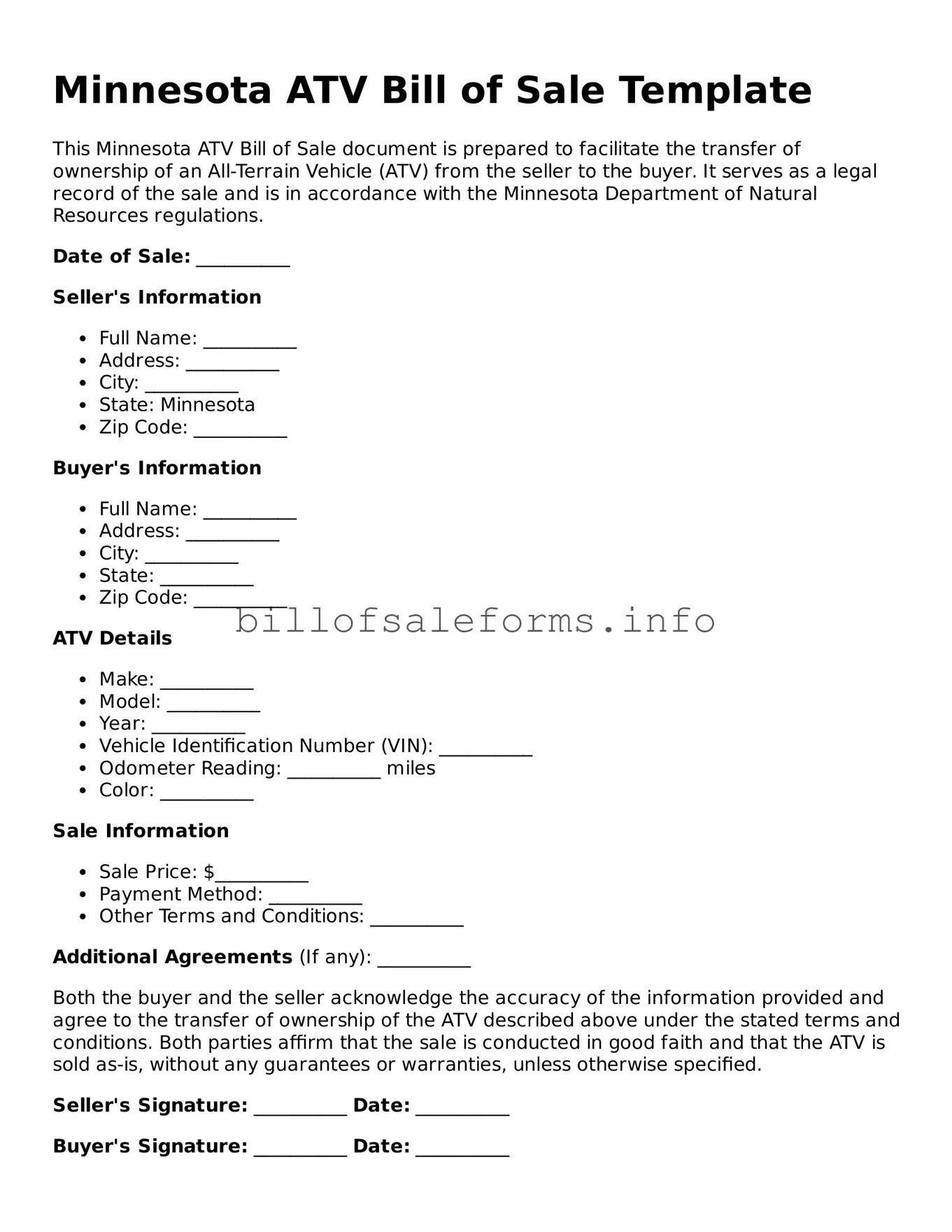 Legal ATV Bill of Sale Form for Minnesota State