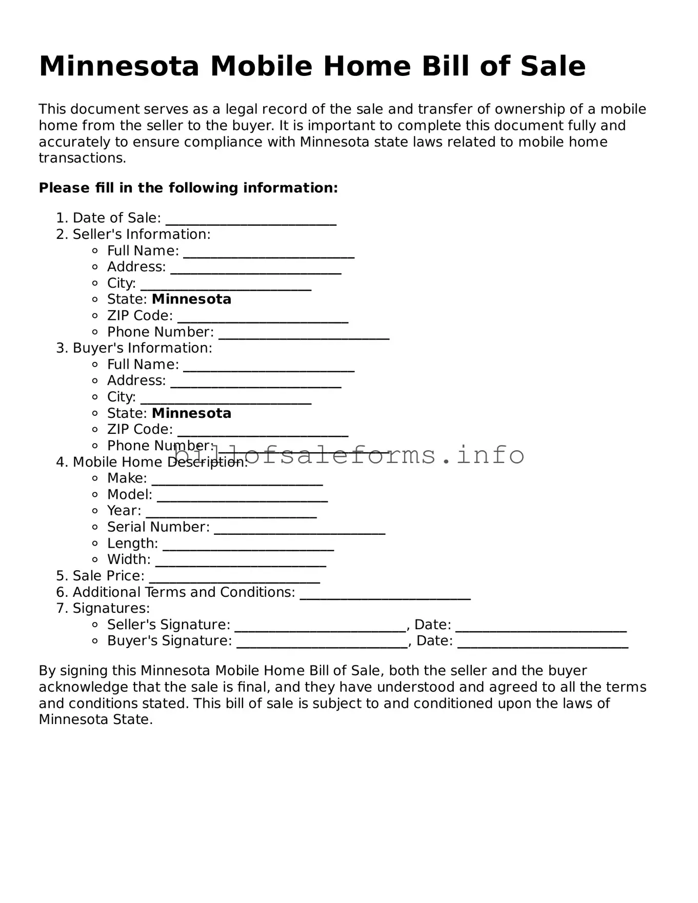 Legal Mobile Home Bill of Sale Form for Minnesota State