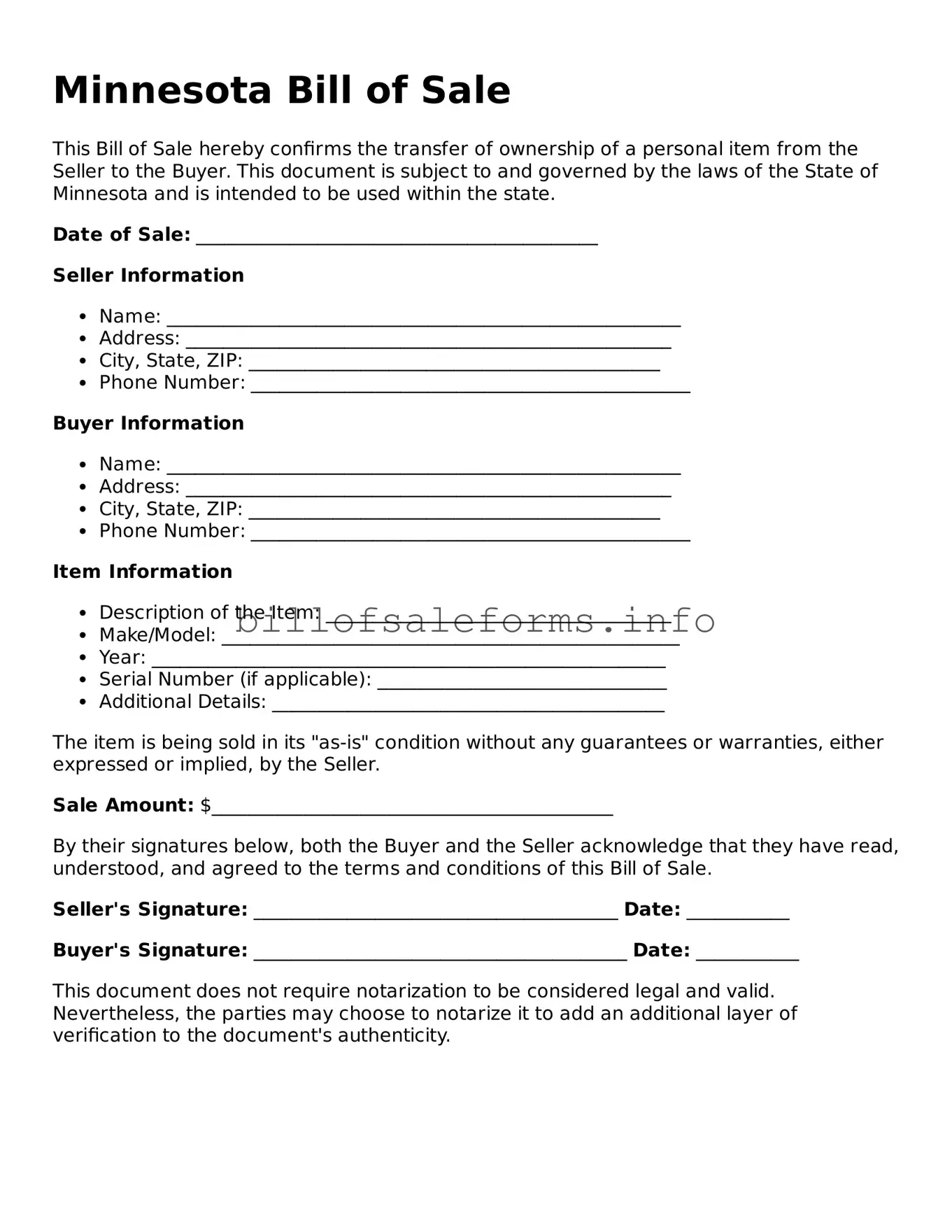 Legal Bill of Sale Form for Minnesota State
