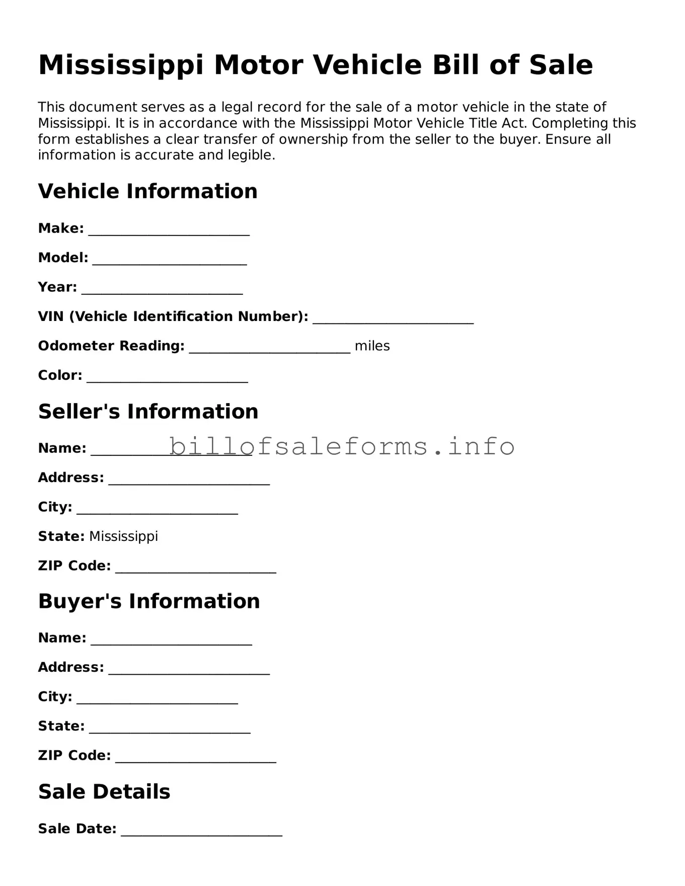 Legal Motor Vehicle Bill of Sale Form for Mississippi State
