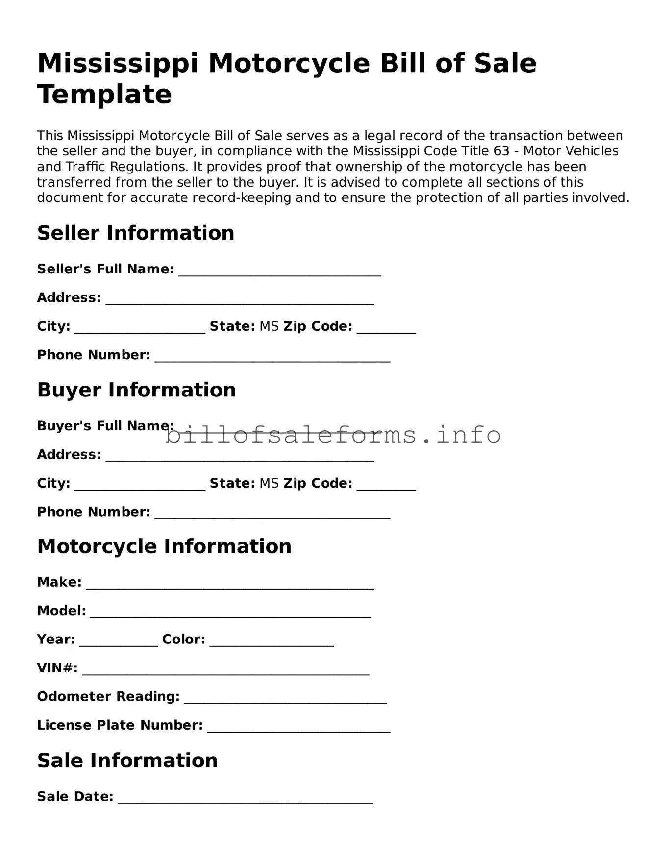 Legal Motorcycle Bill of Sale Form for Mississippi State