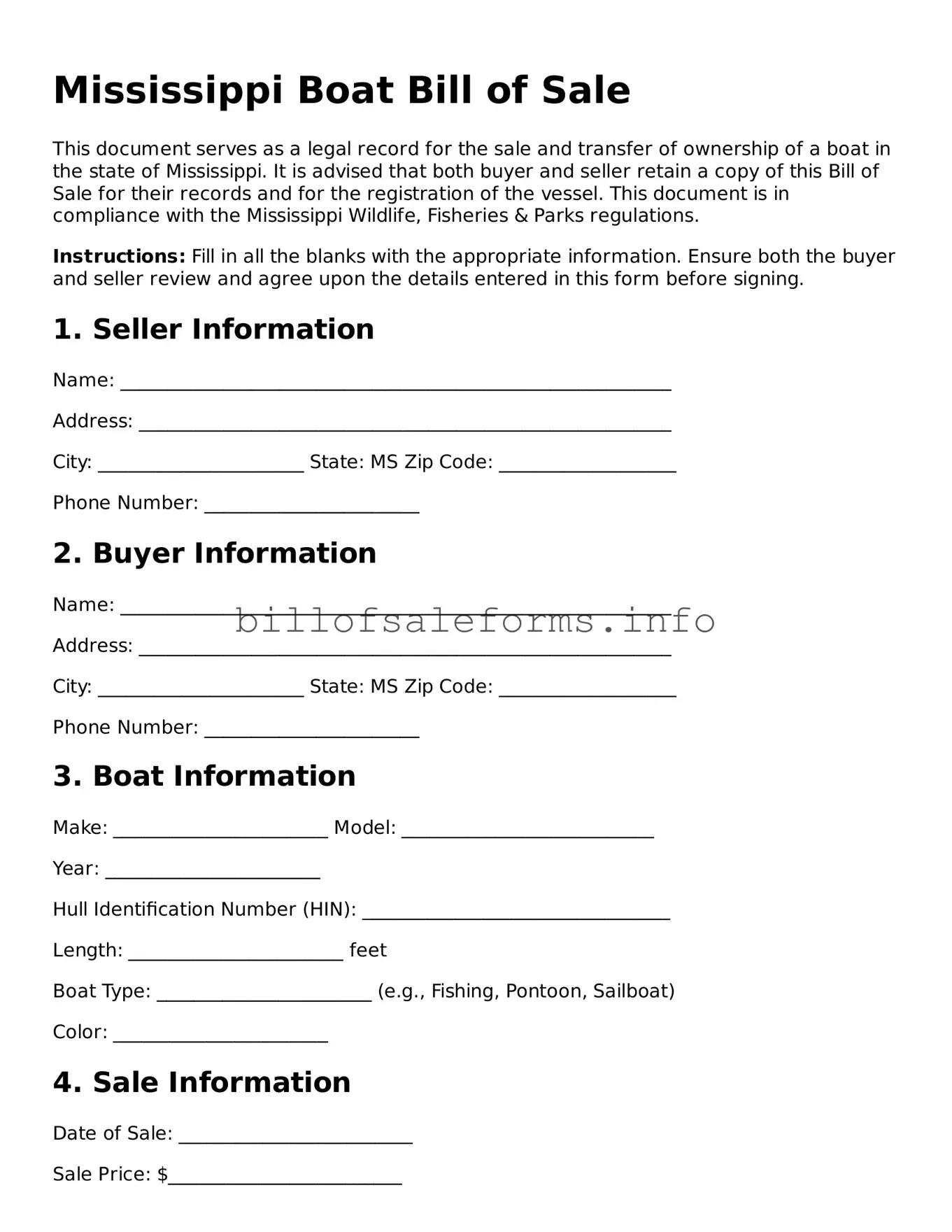 Legal Boat Bill of Sale Form for Mississippi State