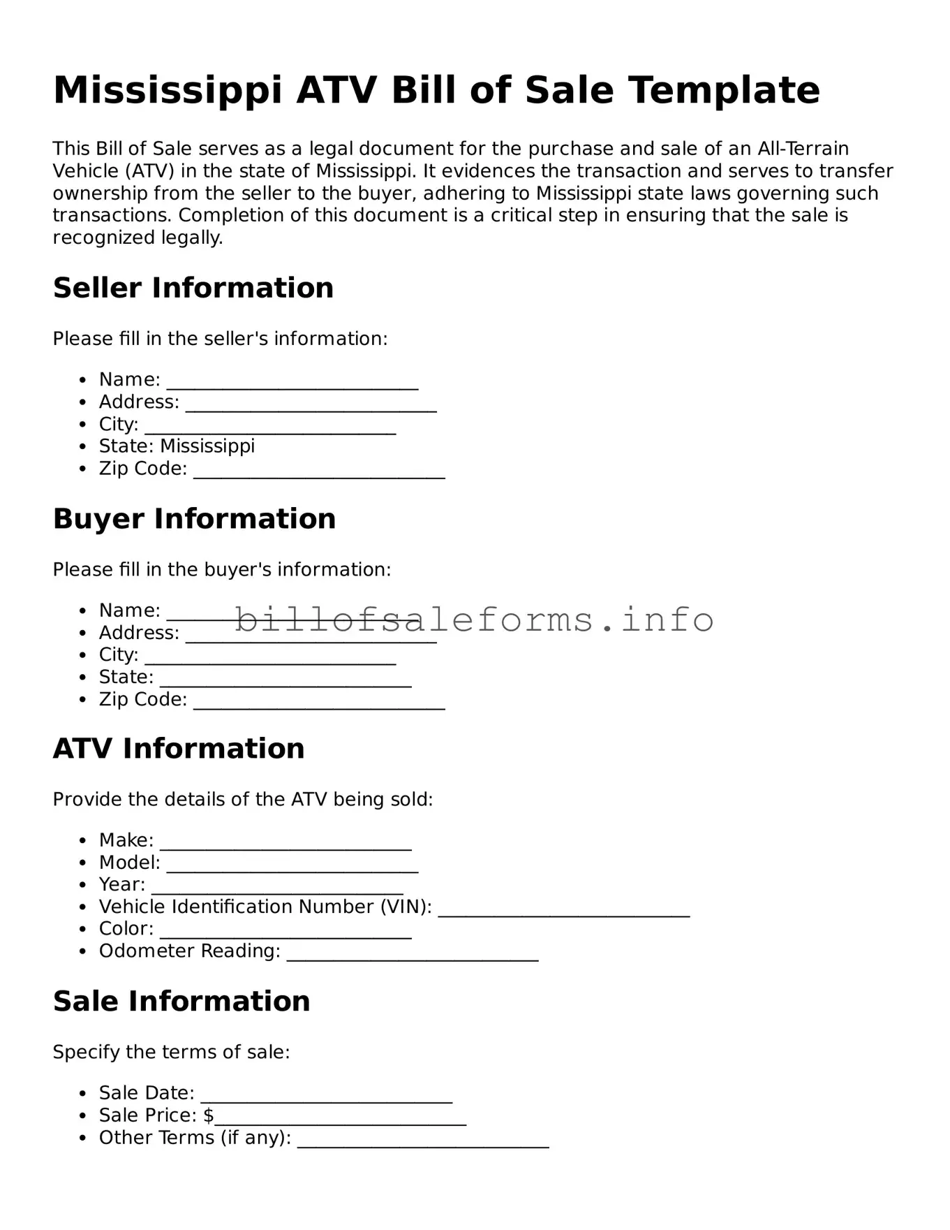 Legal ATV Bill of Sale Form for Mississippi State