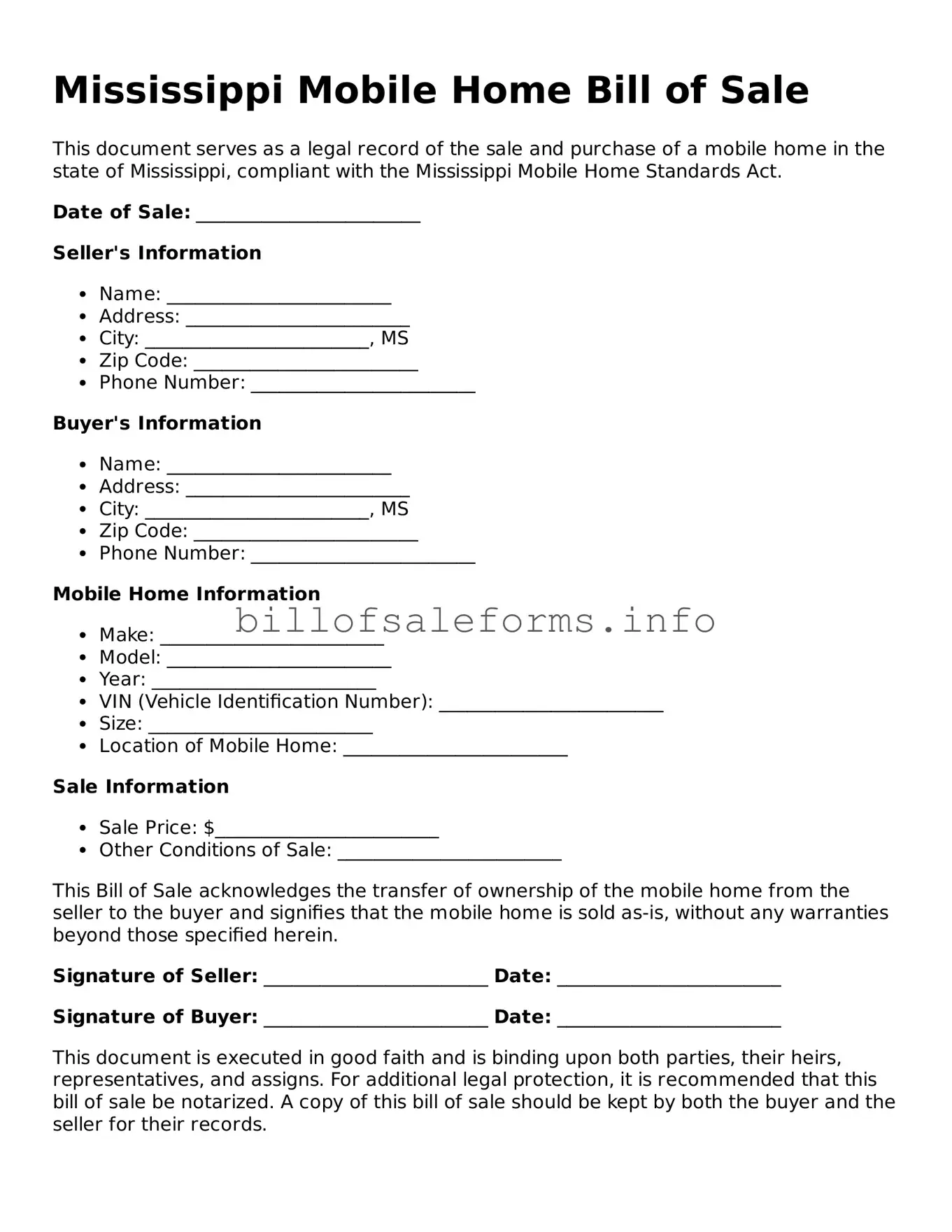 Legal Mobile Home Bill of Sale Form for Mississippi State