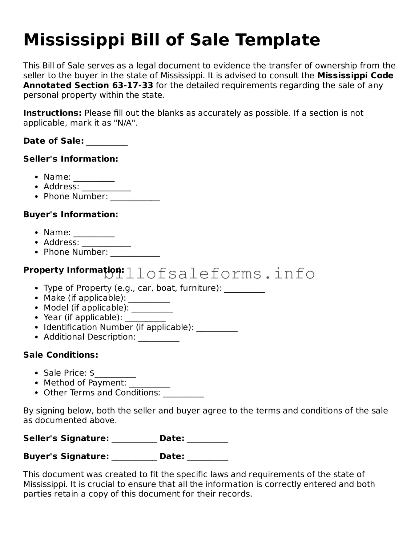 Legal Bill of Sale Form for Mississippi State