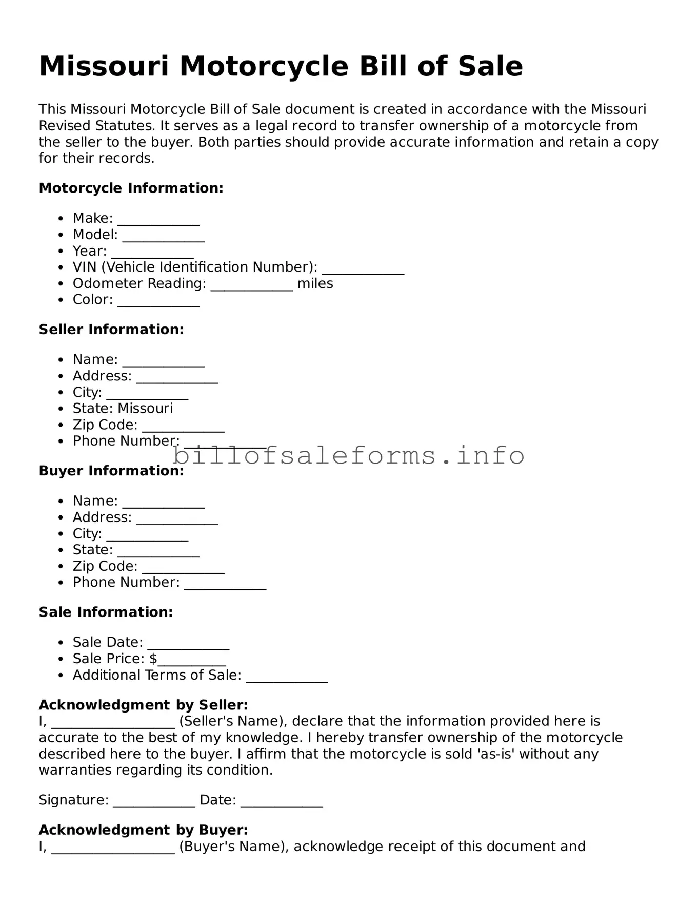 Legal Motorcycle Bill of Sale Form for Missouri State