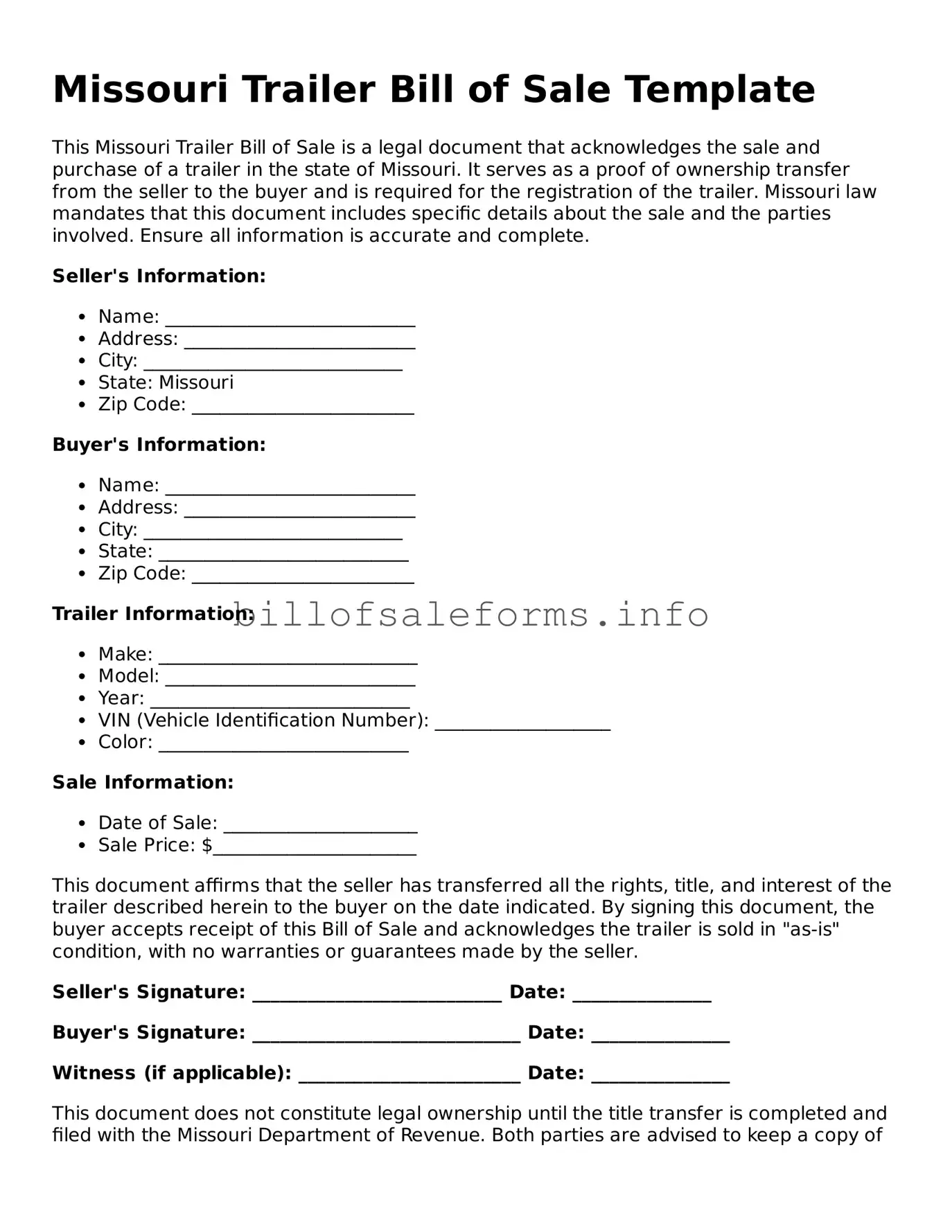 Legal Trailer Bill of Sale Form for Missouri State