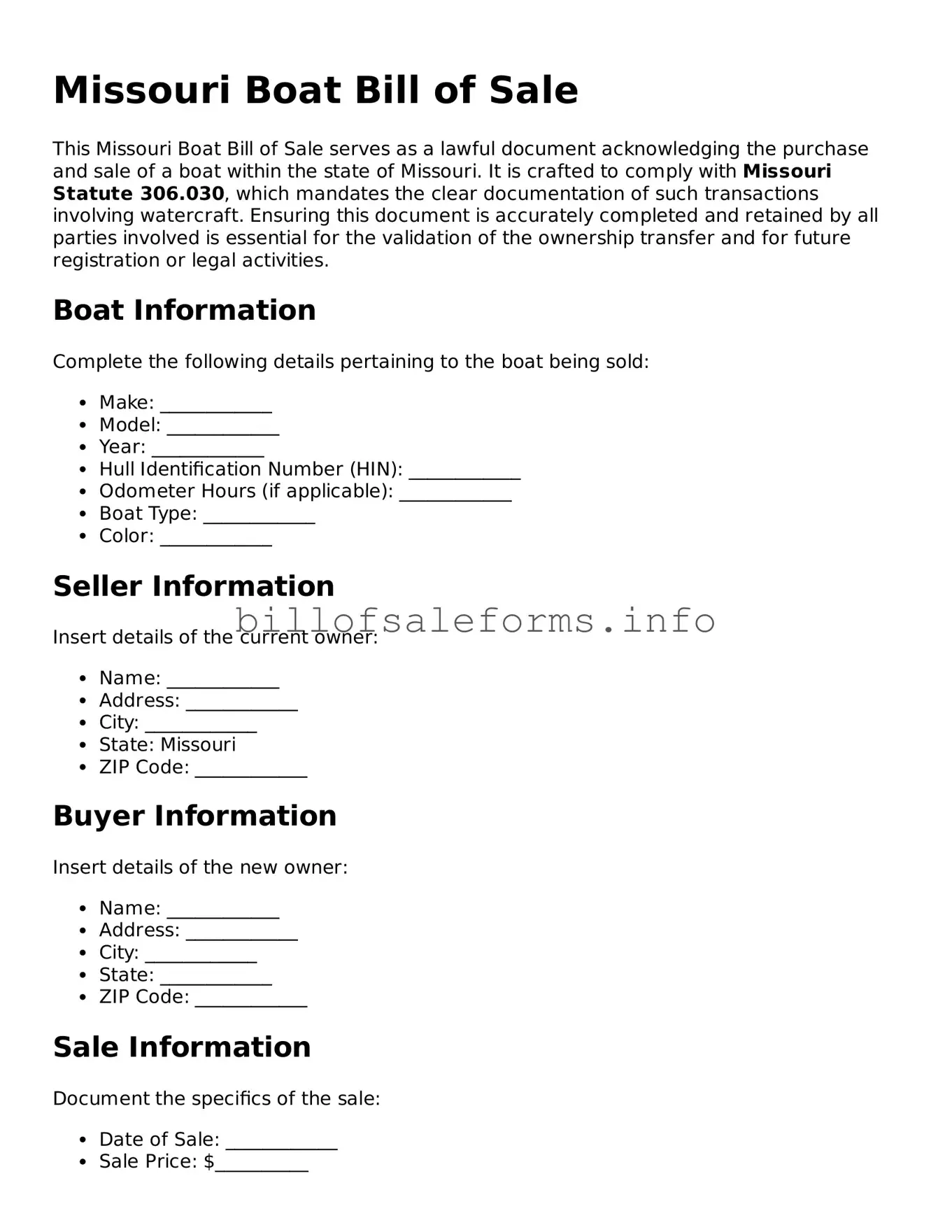 Legal Boat Bill of Sale Form for Missouri State