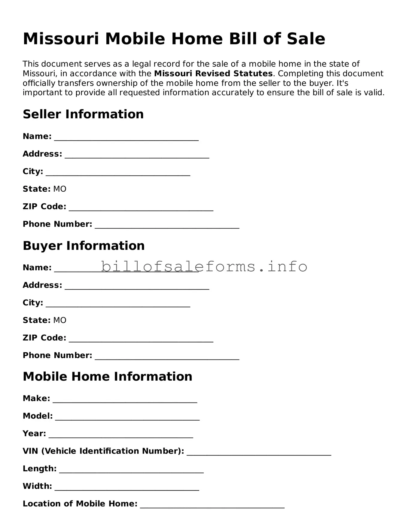 Legal Mobile Home Bill of Sale Form for Missouri State