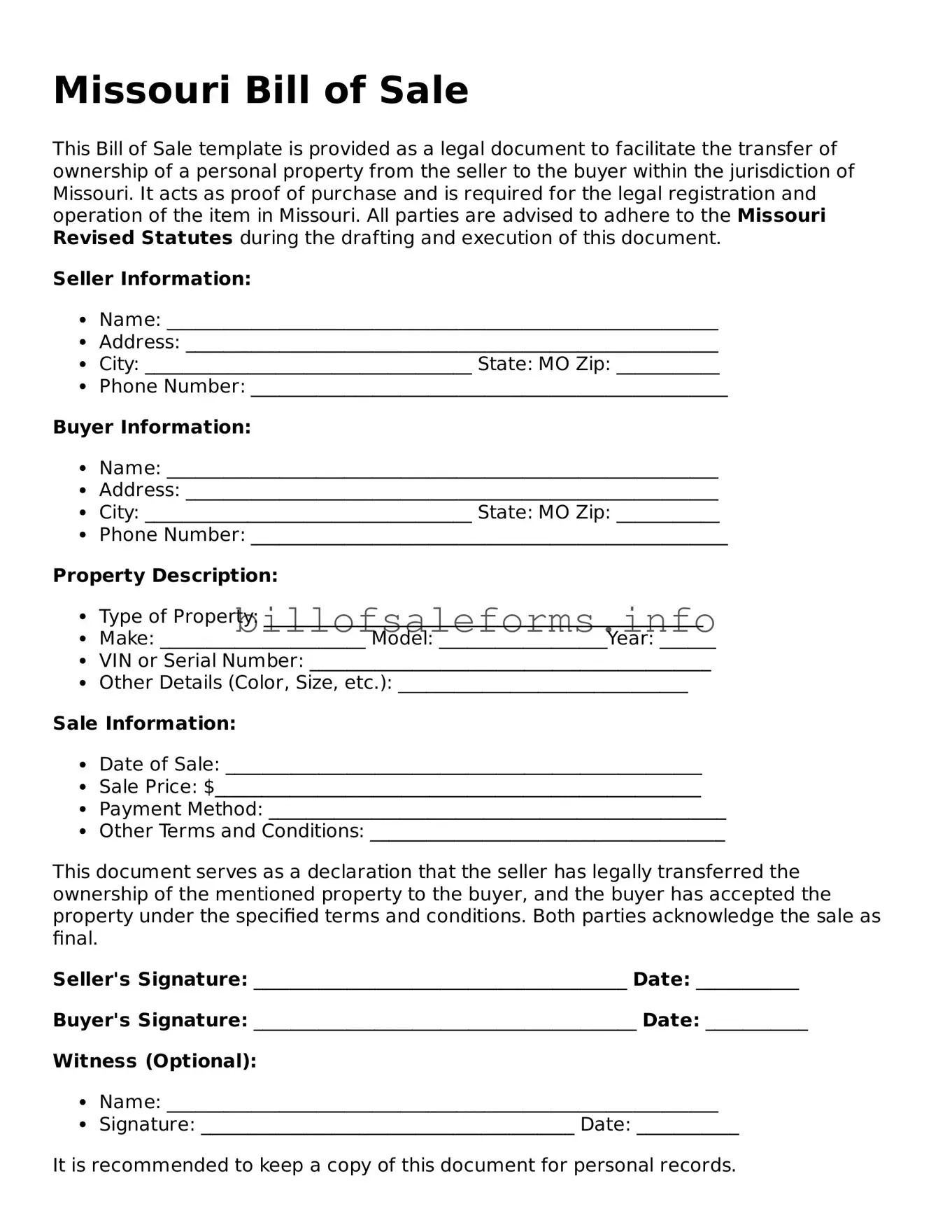 Legal Bill of Sale Form for Missouri State