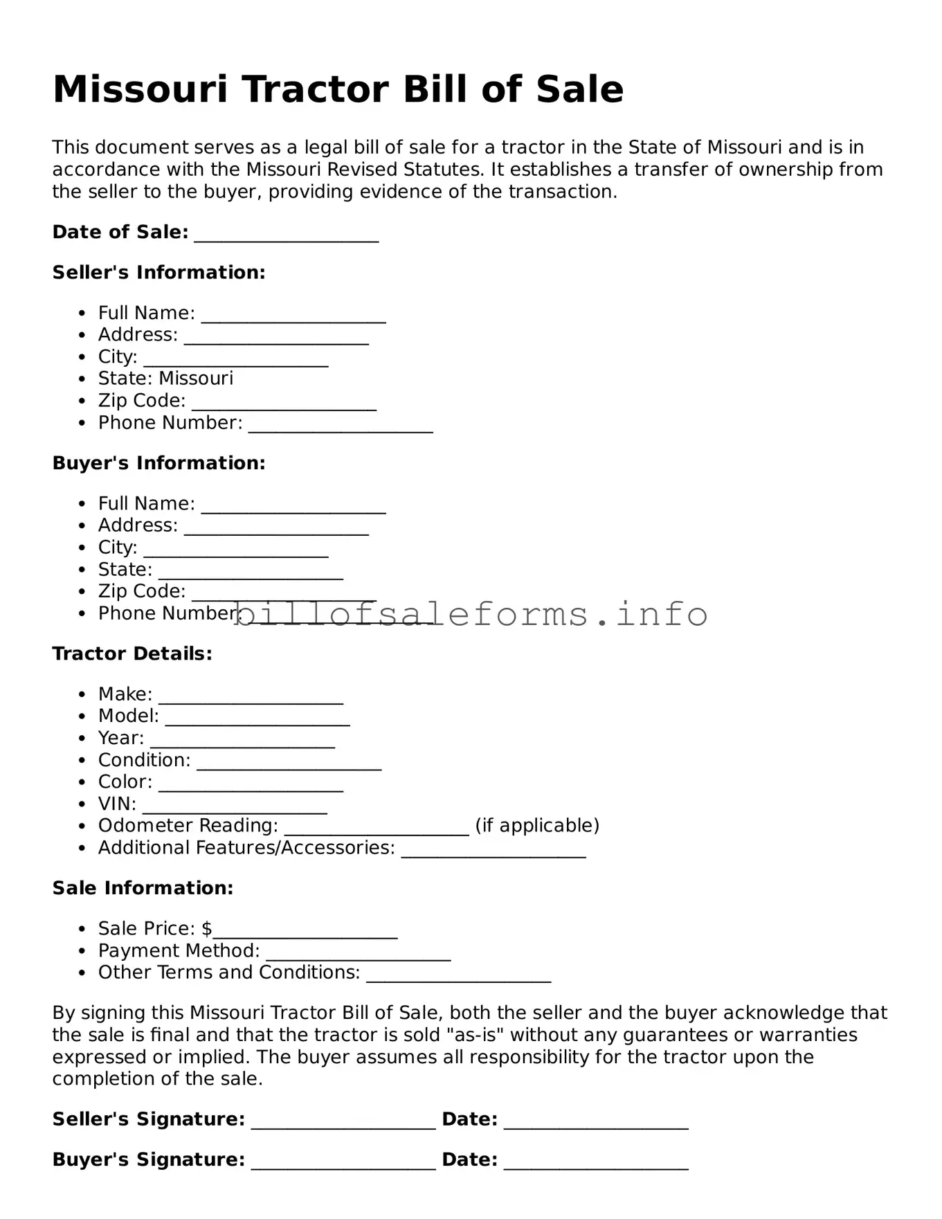 Legal Tractor Bill of Sale Form for Missouri State