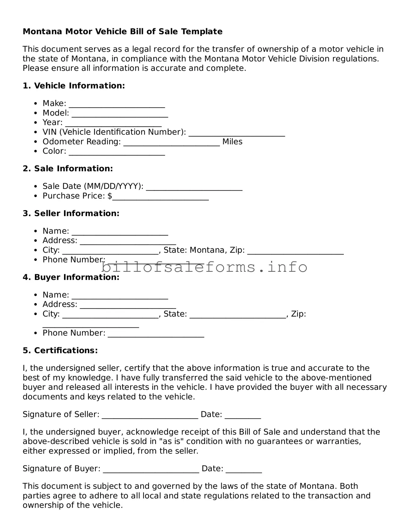 Legal Motor Vehicle Bill of Sale Form for Montana State