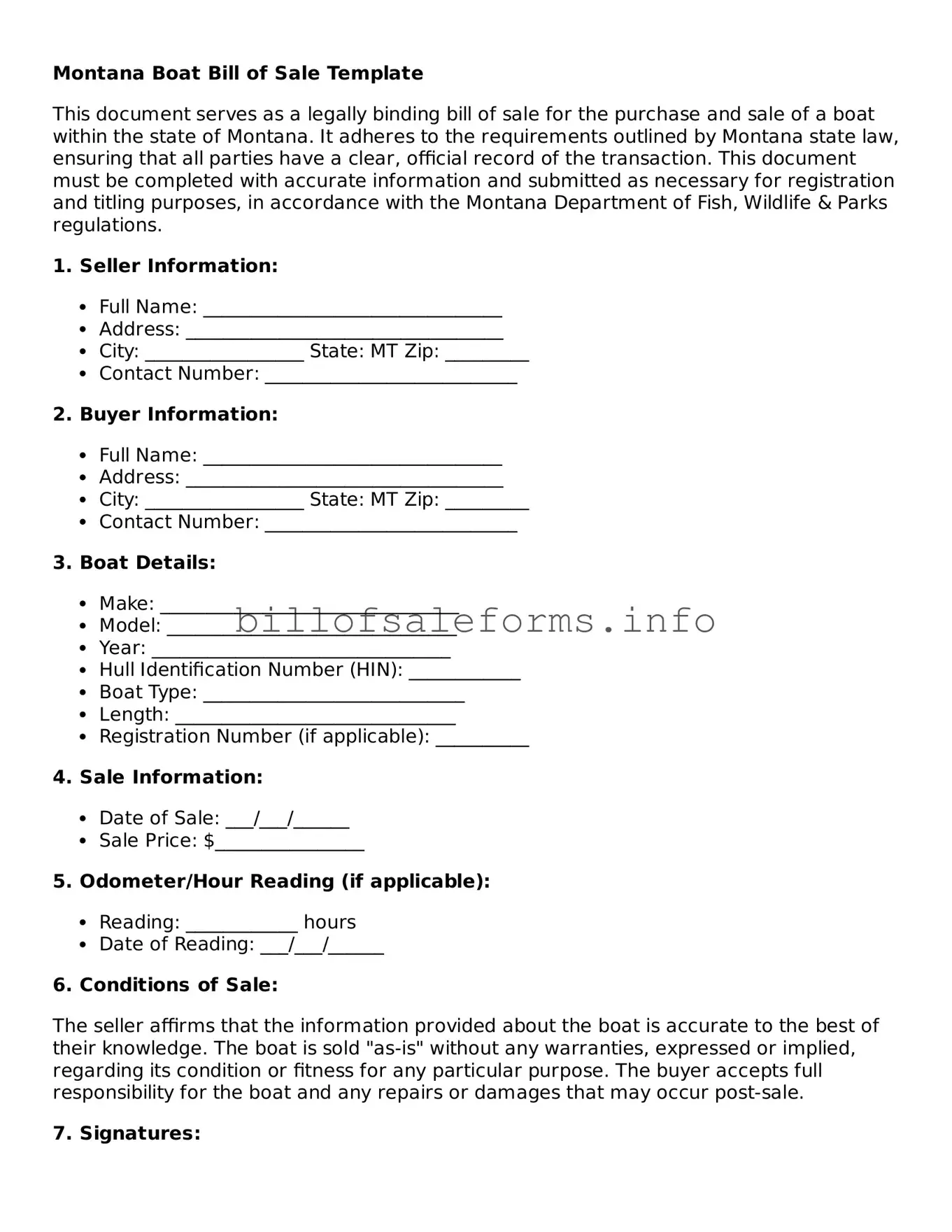 Legal Boat Bill of Sale Form for Montana State