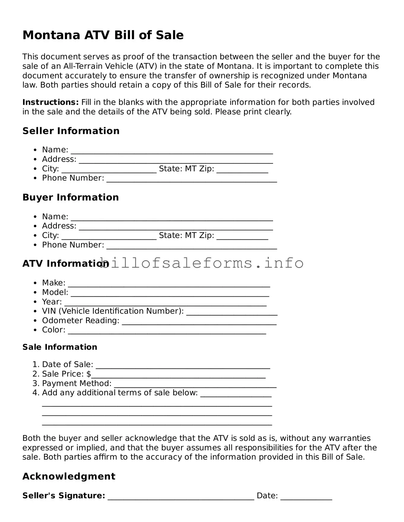 Legal ATV Bill of Sale Form for Montana State