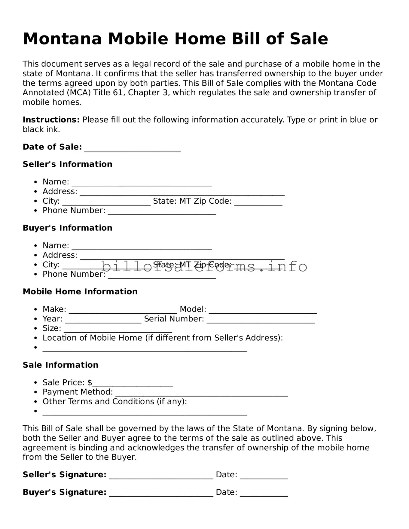 Legal Mobile Home Bill of Sale Form for Montana State
