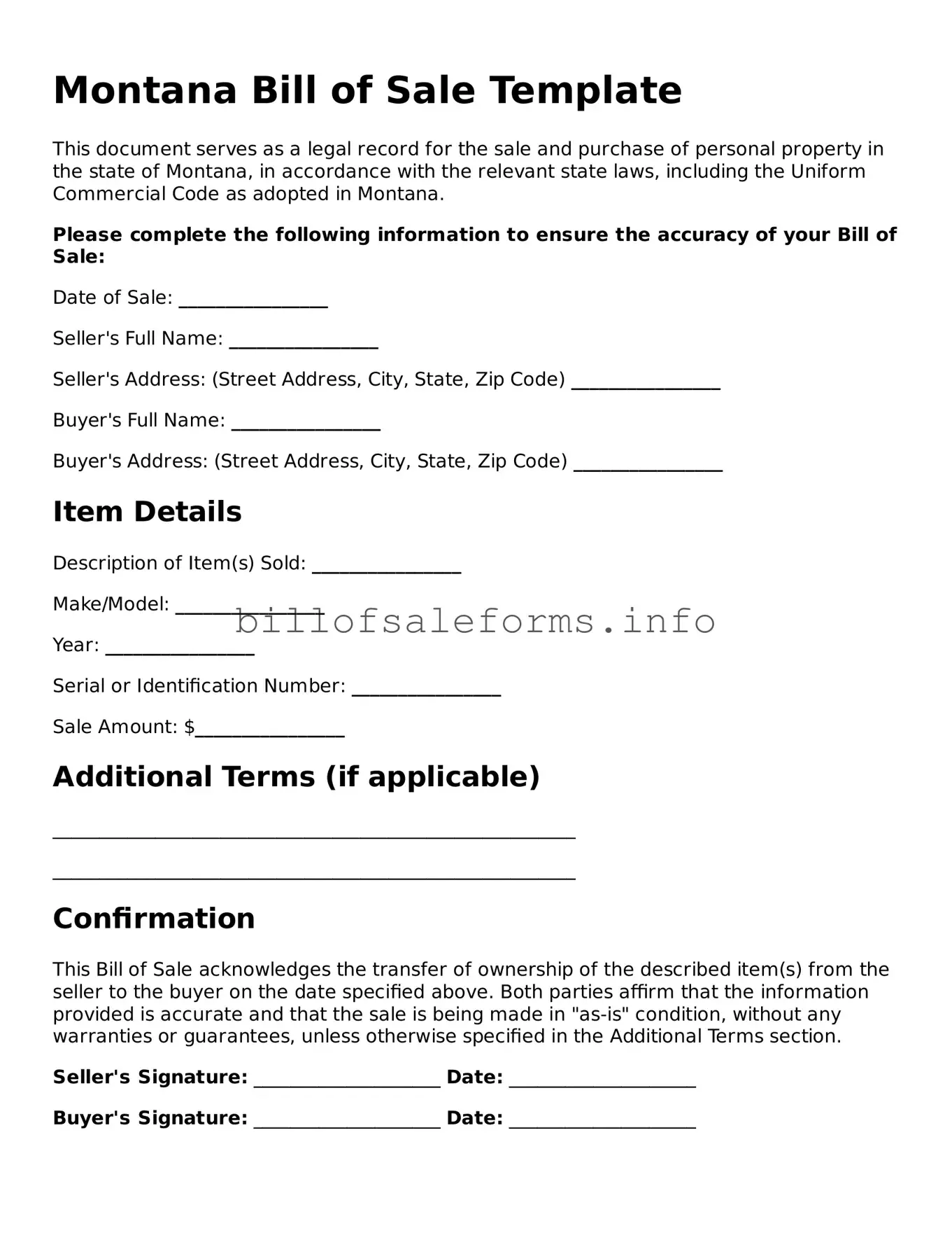 Legal Bill of Sale Form for Montana State
