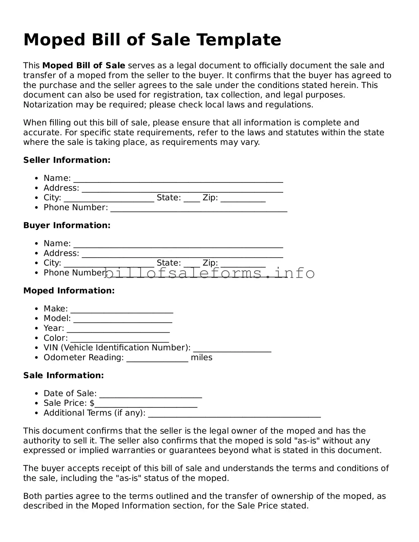 Blank Moped Bill of Sale Document