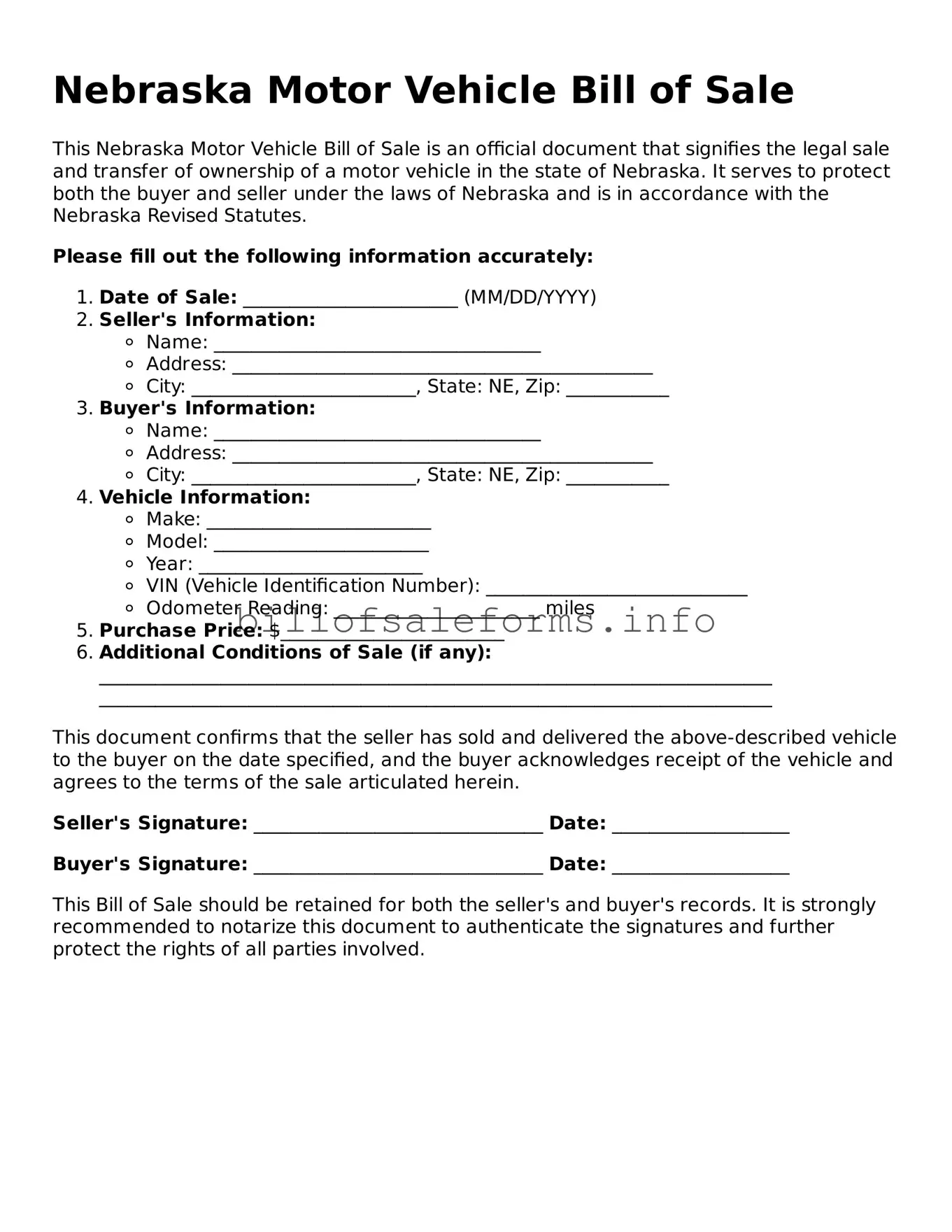 Legal Motor Vehicle Bill of Sale Form for Nebraska State