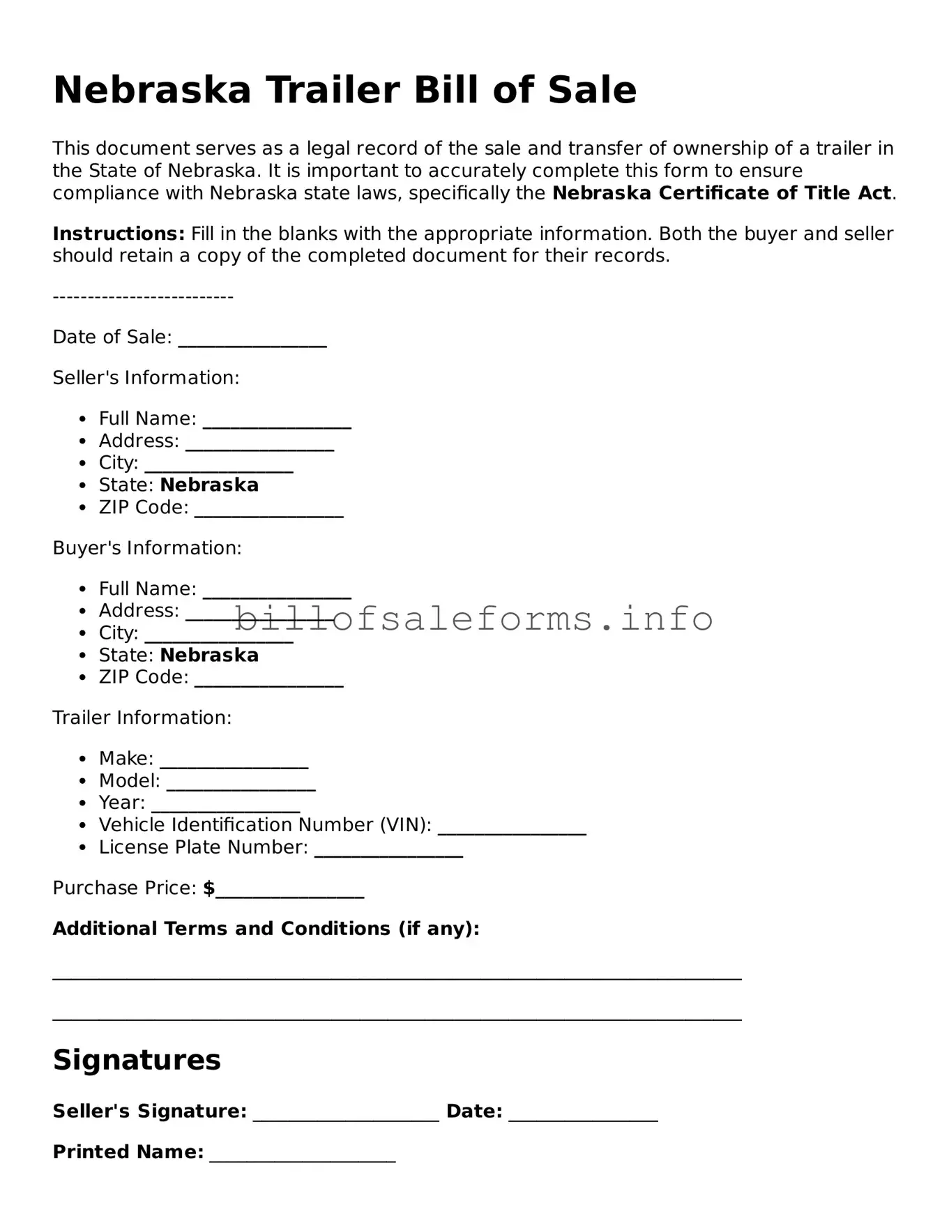 Legal Trailer Bill of Sale Form for Nebraska State